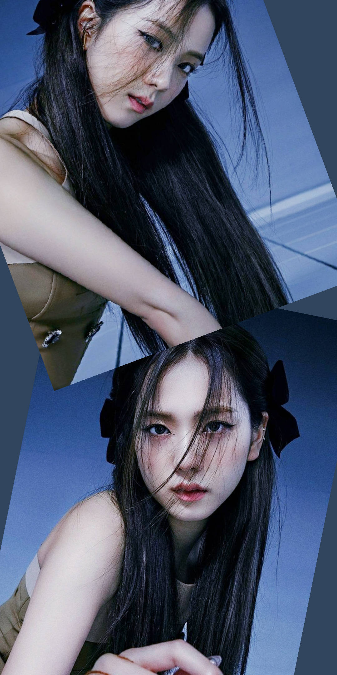 Screen 桌布 壁紙 — 一位年輕女性，長長的黑髮和黑色蝴蝶結，在冷藍色背景前，以風格化的肖像畫中強烈凝視。