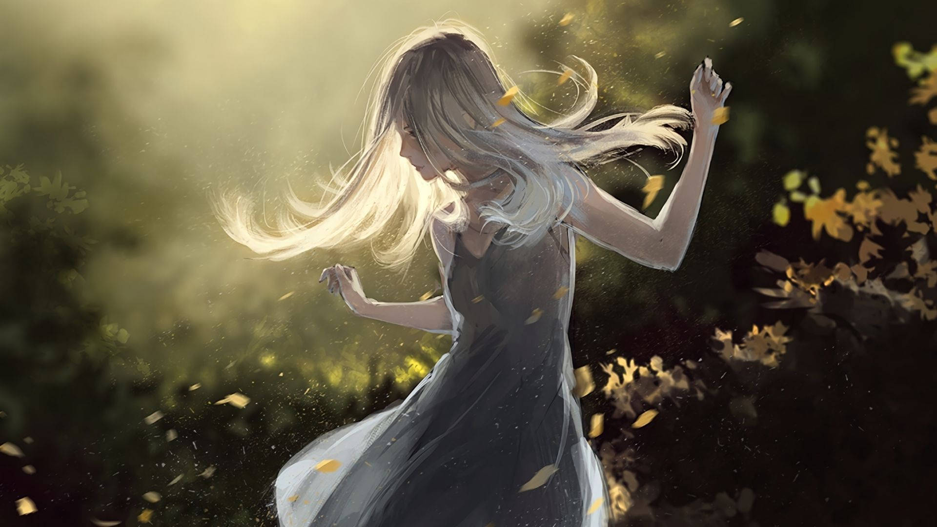 anime dance 桌布 壁紙 — 一位年輕女性，飄逸的金色長髮，在陽光明媚的森林中，於飄落的金色秋葉間起舞。