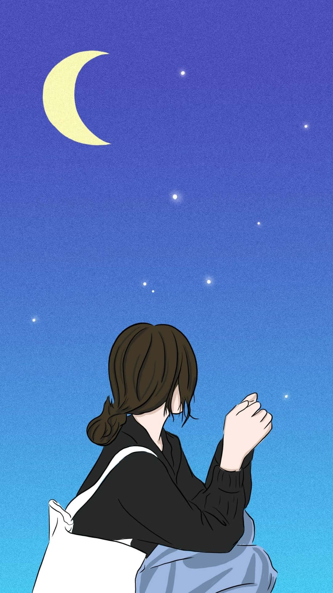 女孩 桌布 壁紙 — 一位年輕女性仰望深藍色夜空中的新月和閃爍的星星。