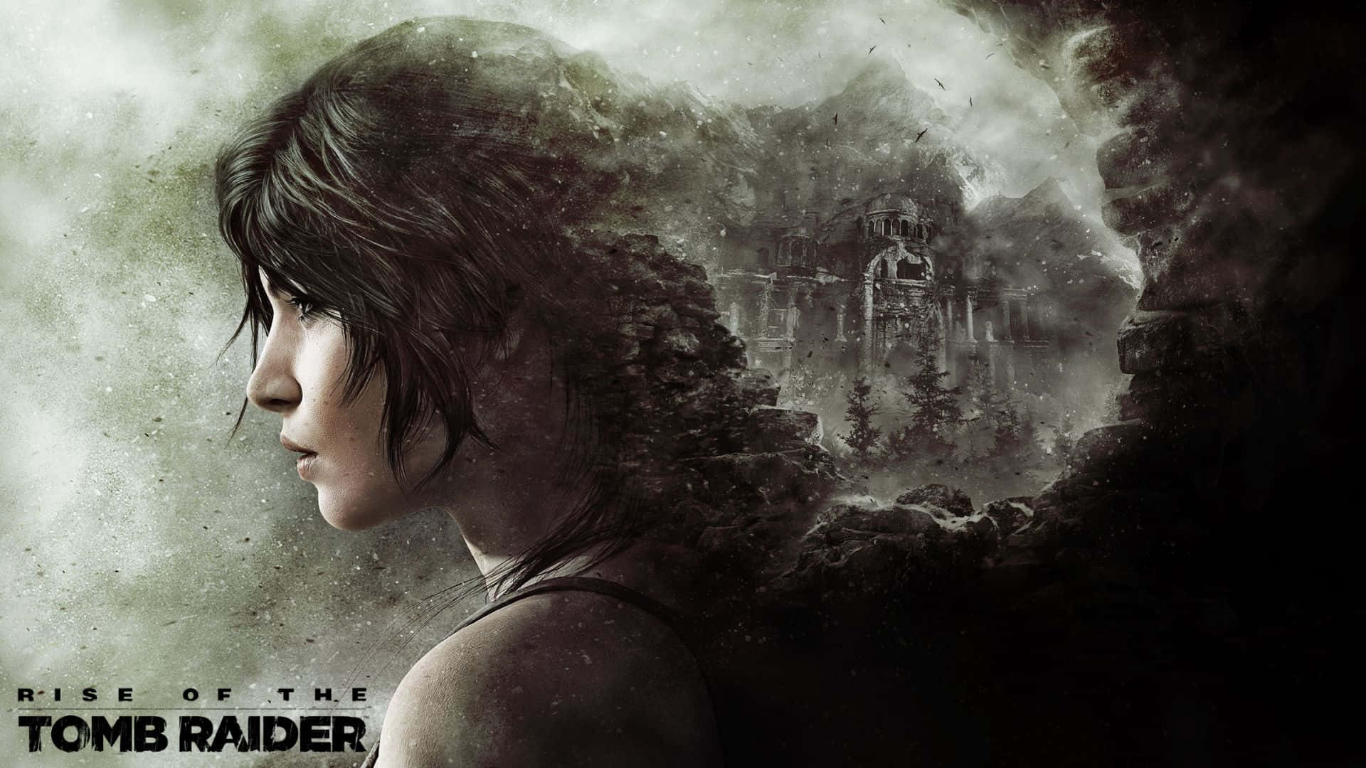 Lara Croft 桌布 壁紙 — 一位年輕女性側面凝視前方，身後旋轉的迷霧中浮現出古代遺跡。