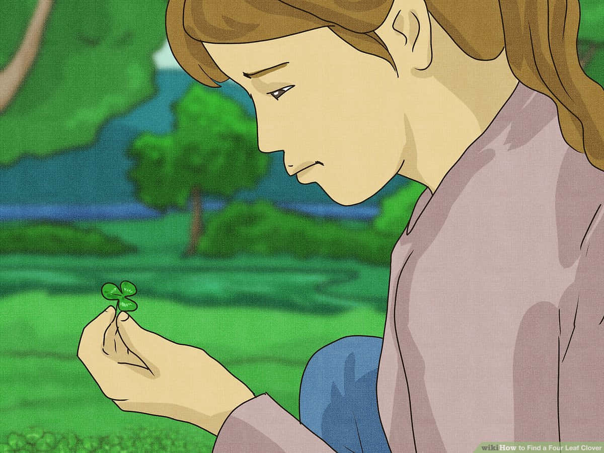 Four Leaf Clover 桌布 壁紙 — 一位年輕女性側面手持四葉草，背景是鬱鬱蔥蔥的綠色戶外景色。