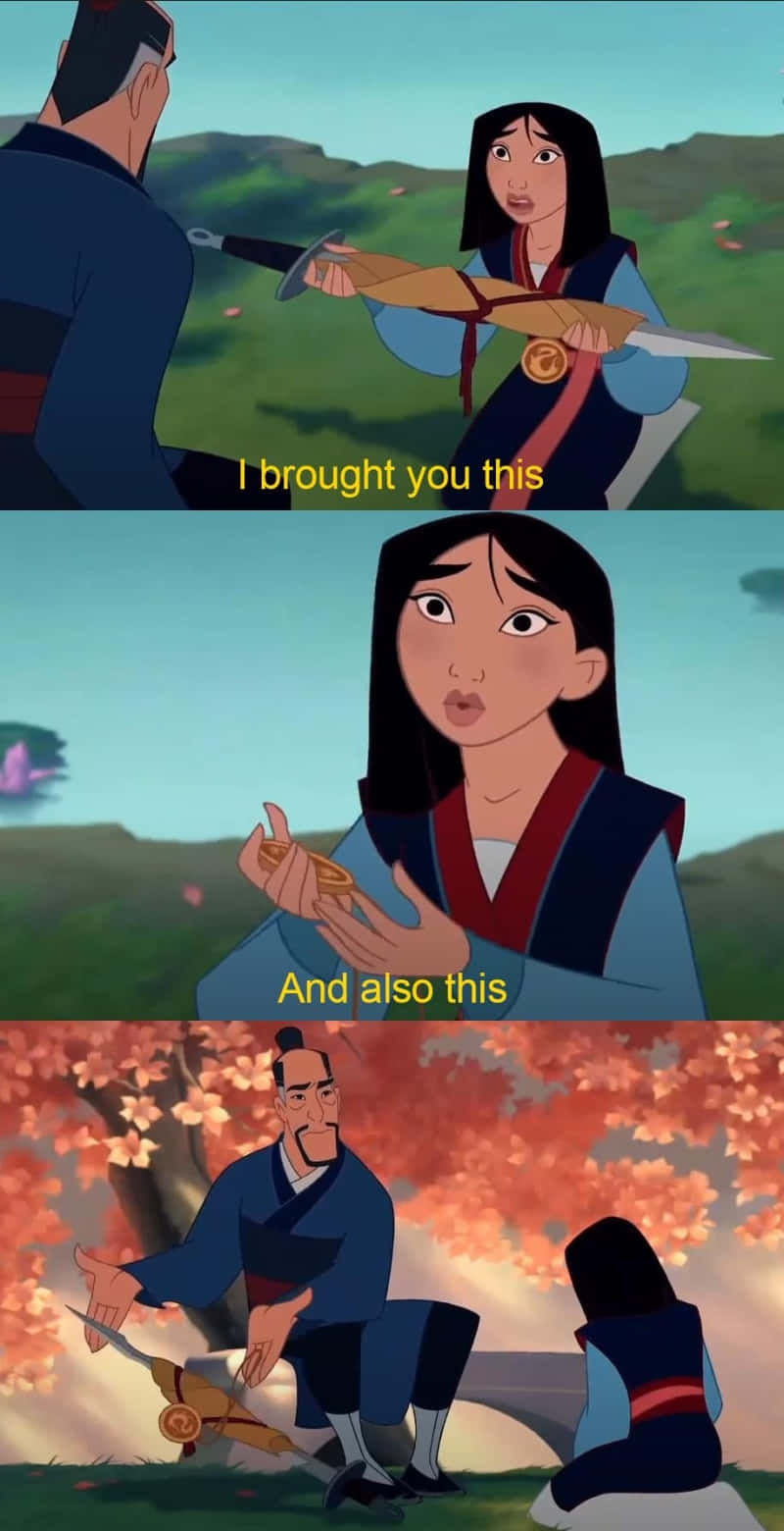 Blank Meme 桌布 壁紙 — 一位年輕女性在傳統環境中，櫻花飄落，向一名男子獻上一把劍。