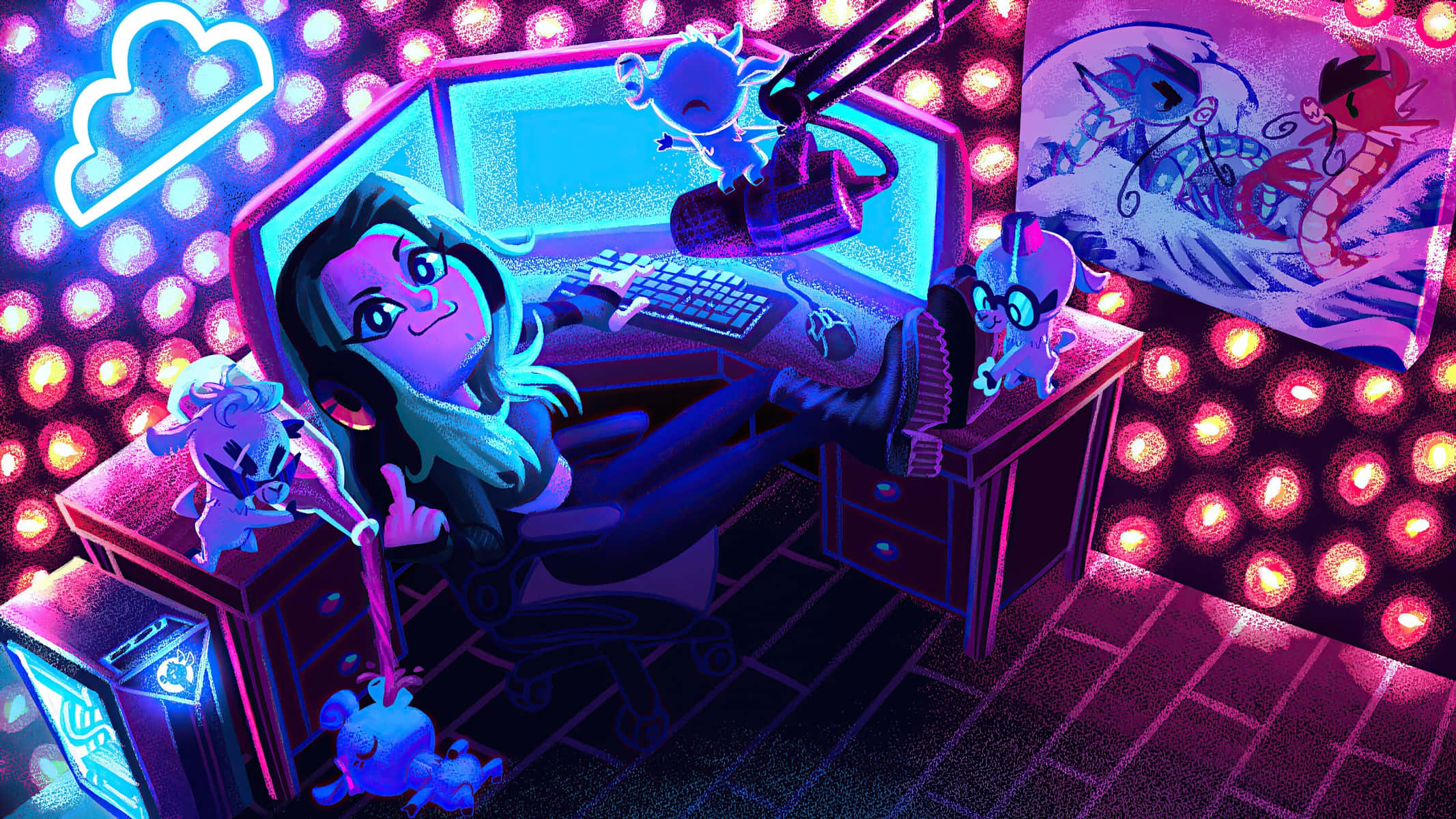 Twitch 桌布 壁紙 — 一位年輕女性在充滿霓虹燈光的電競椅上放鬆，周圍環繞著閃爍的燈光和可愛的外星人毛絨玩具，身處一個充滿活力的數位藝術房間。