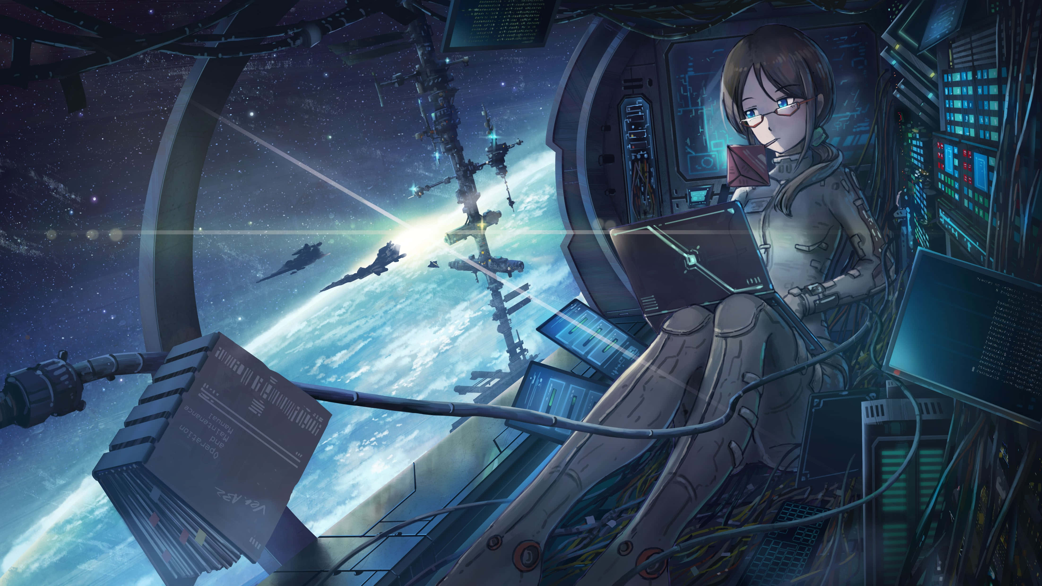 4K Anime Space 桌布 壁紙 — 一位年輕女性在太空站駕駛艙內監控系統，地球和星艦在她窗外發光。