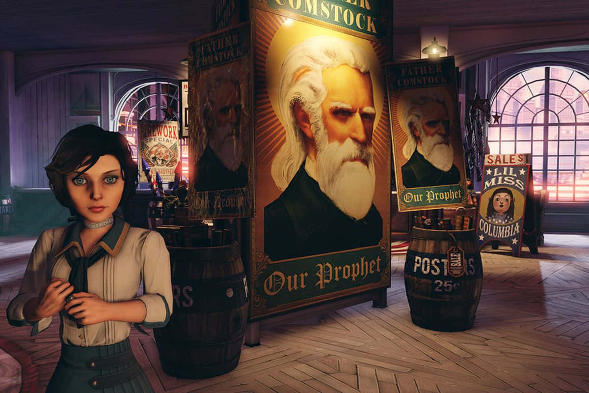 Bioshock Characters 桌布 壁紙 — 一位年輕女性在復古酒吧中，站在Father Comstock的巨型海報旁，周圍是溫暖的環境燈光。