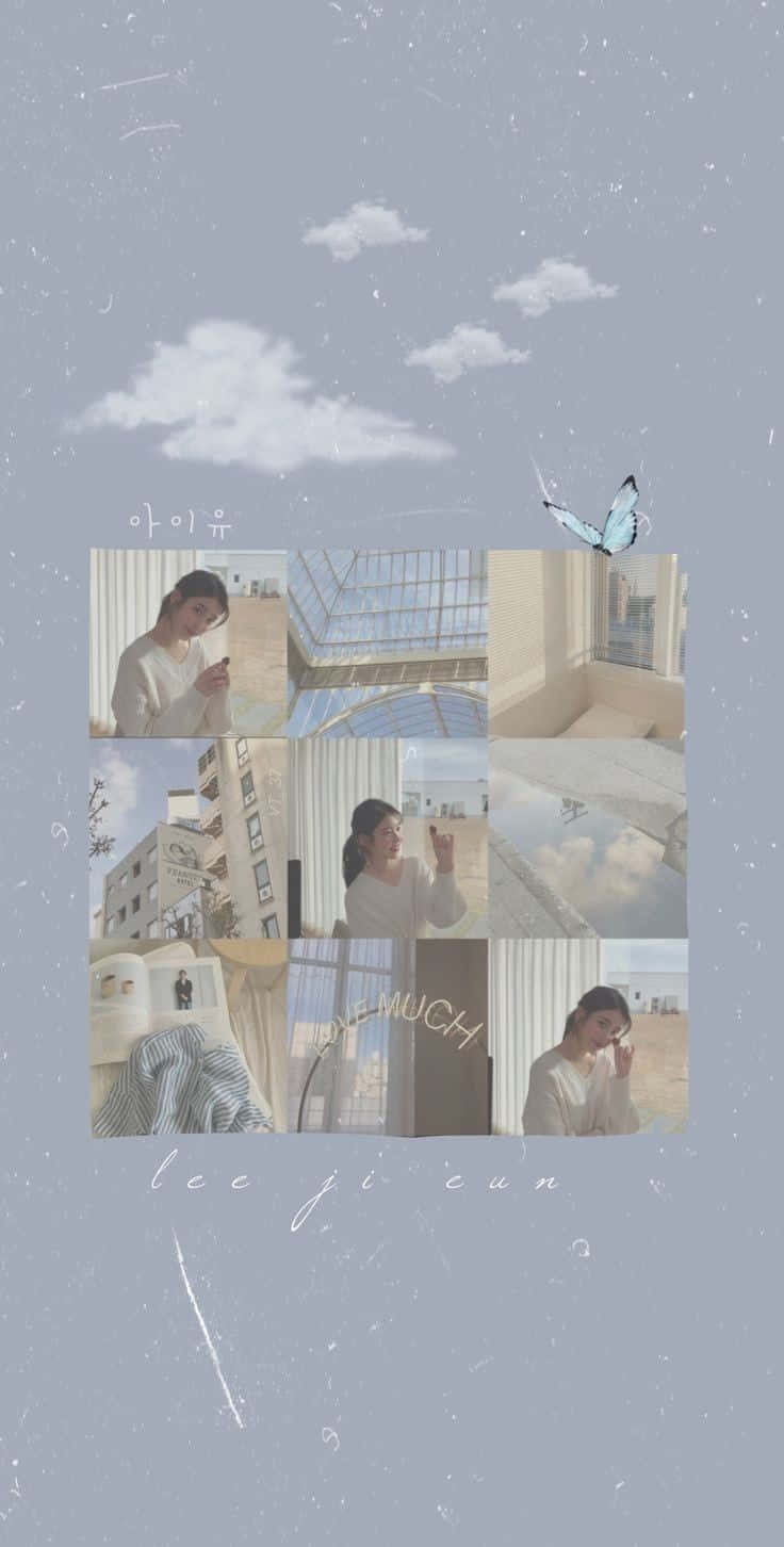 Aesthetic Korean 桌布 壁紙 — 一位年輕女性在舒適室內場景中的柔和粉彩拼貼畫，蝴蝶和雲朵漂浮在上方。