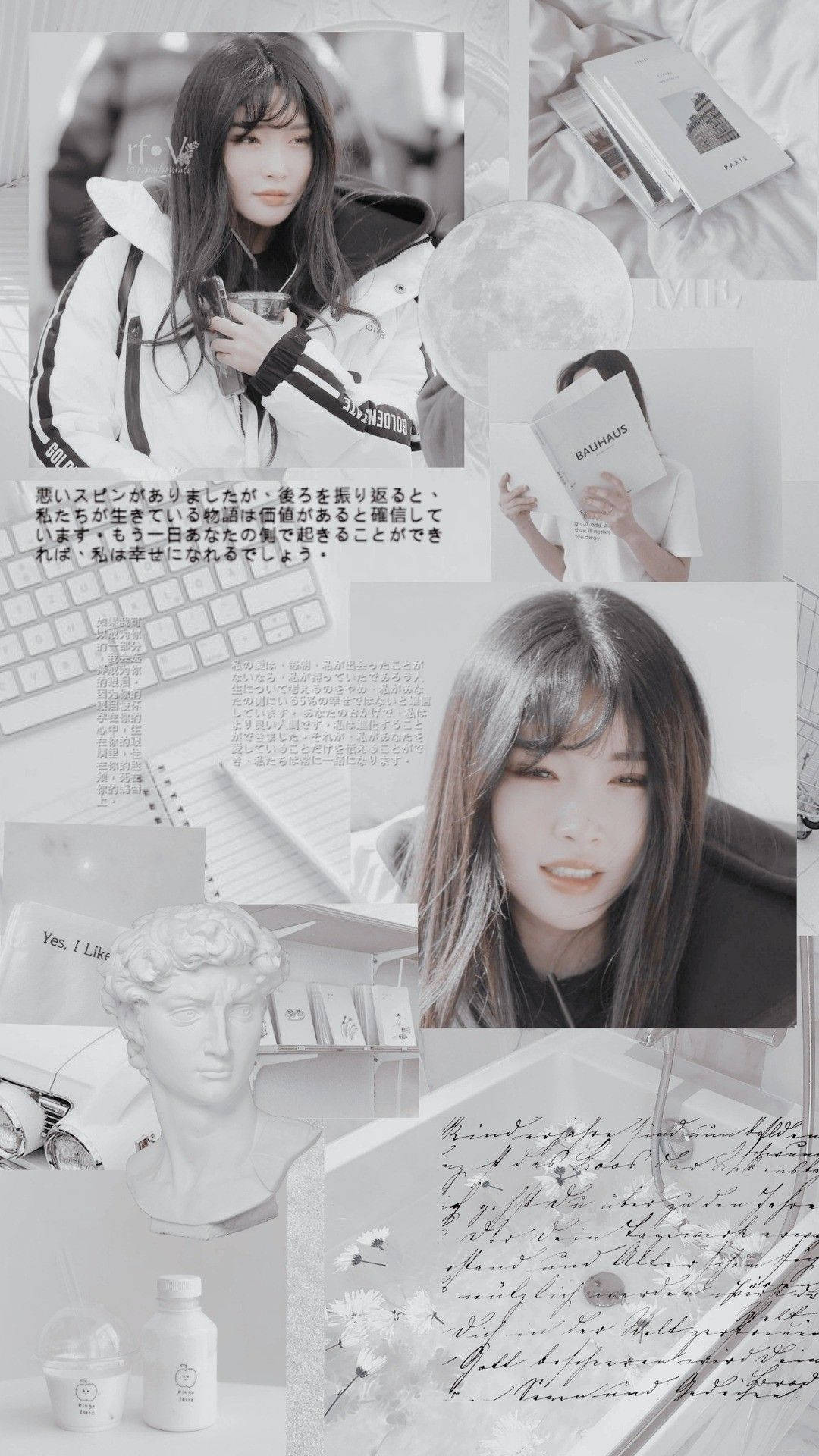 Chungha 桌布 壁紙 — 一位年輕女性在舒適環境中，與書籍、美術用品和古典半身像組成的單色拼貼畫，營造出寧靜的學習氛圍。
