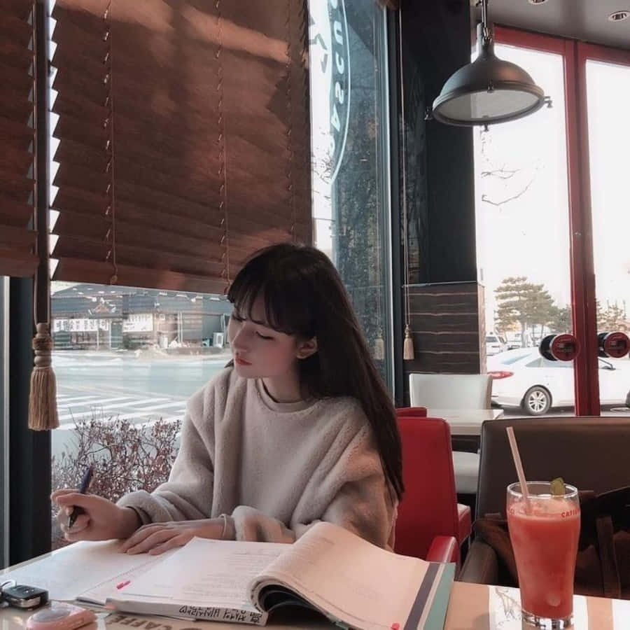 Study Girl 桌布 壁紙 — 一位年輕女性在舒適的咖啡館裡，在粉紅色飲料旁邊寫筆記，陽光透過木百葉窗照射進來。
