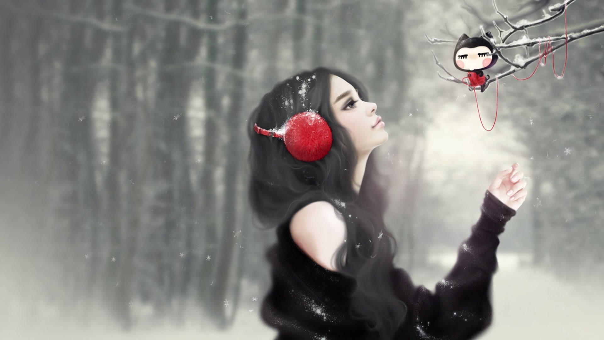 Girly Cartoon 桌布 壁紙 — 一位年輕女性在雪地森林中戴著紅色耳罩，抬頭仰望，一隻紅色小貓般的身影懸掛在她上方的光禿樹枝上。