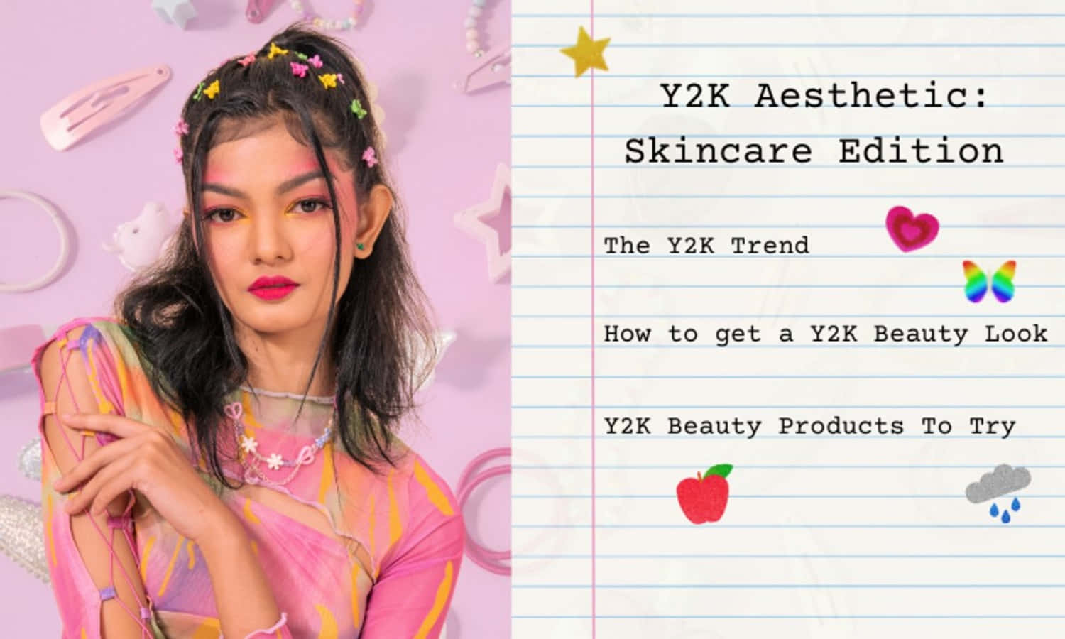 Y2K 美學 桌布 壁紙 — 一位年輕女性戴著色彩繽紛的髮飾和鮮豔的化妝，在粉紅色背景前擺姿勢，背景上有關於Y2K護膚趨勢的橫線紙文字。