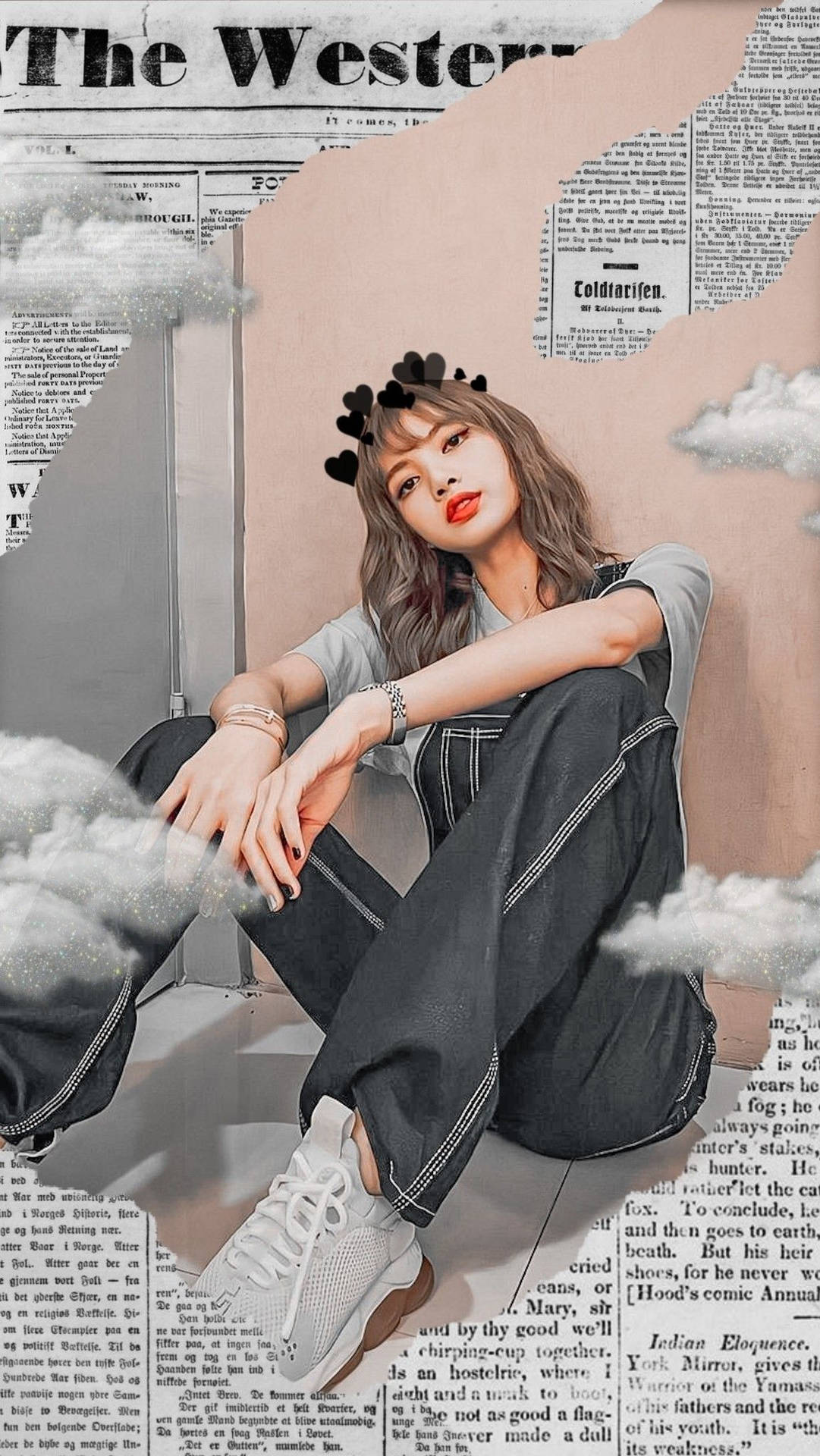 戴貓耳的女性坐在報紙上，穿著牛仔工裝褲和白色運動鞋。 — BLACKPINK Lisa GIF 壁紙