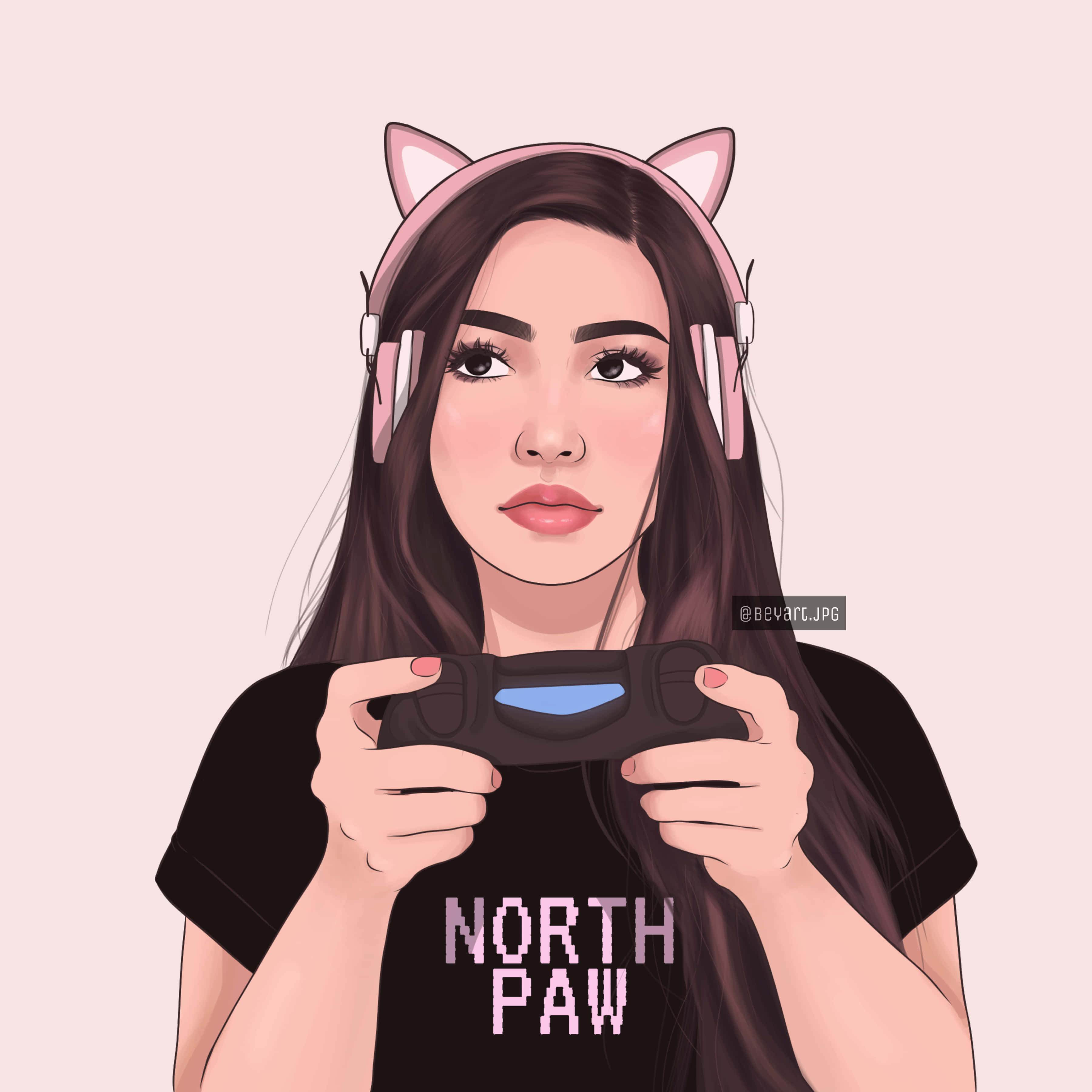 Kawaii Gaming Girl 桌布 壁紙 — 一位年輕女性戴著貓耳和耳機，穿著帶有像素文字的黑色T恤，手持遊戲控制器。