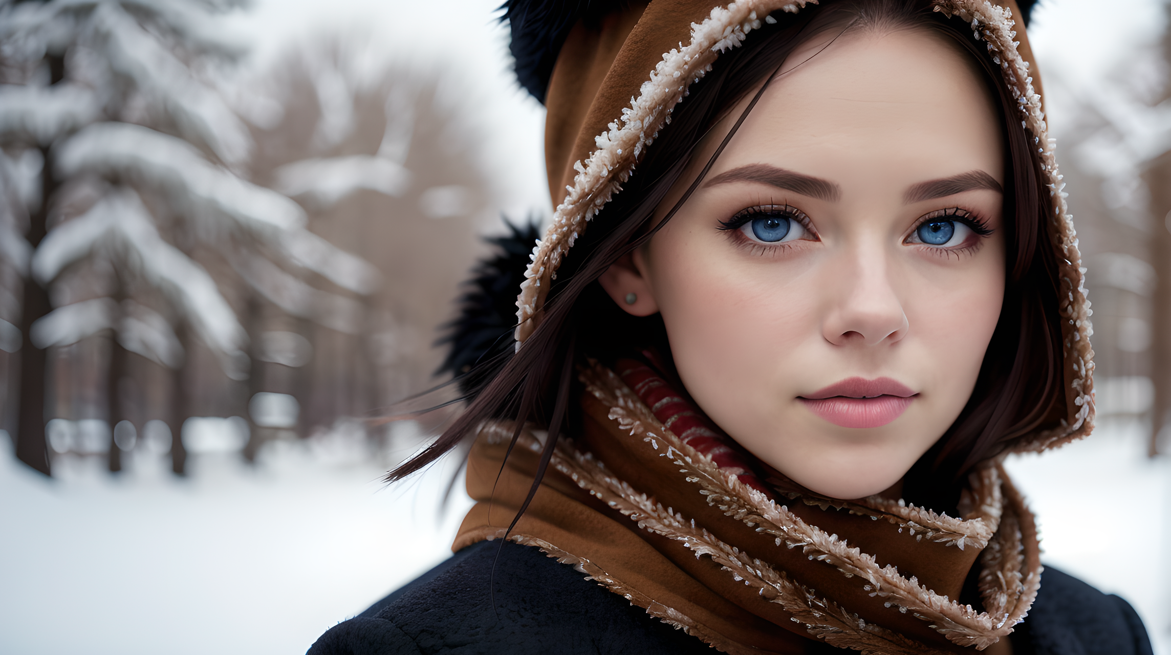 美女 桌布 壁紙 — 一位年輕女性擁有引人注目的藍色眼睛，在雪地森林背景下戴著棕色毛皮襯裡連帽圍巾。