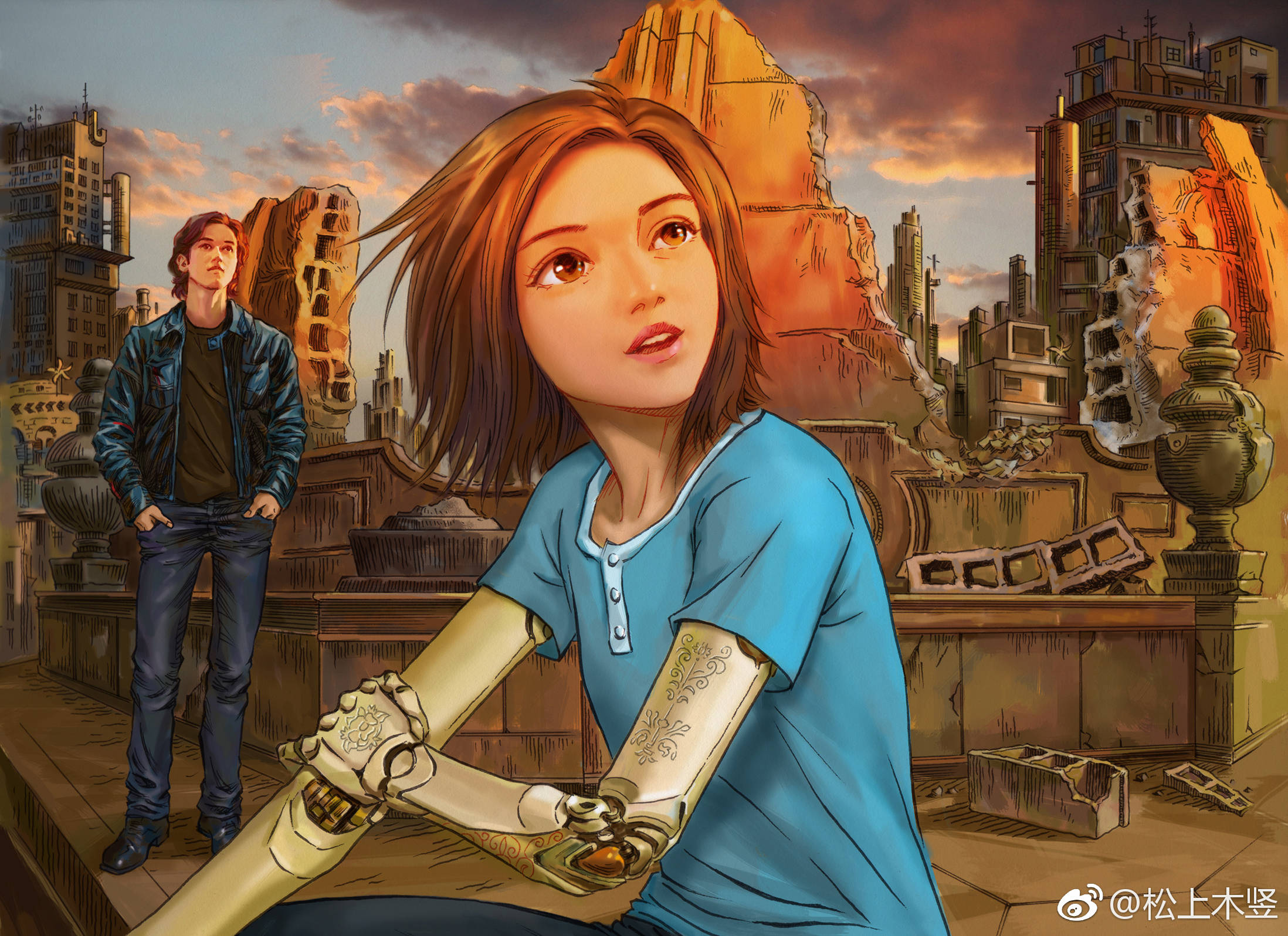 Alita Battle Angel 桌布 壁紙 — 一位年輕女性擁有機械手臂，坐在夕陽下的廢墟城市景觀中，一名男子站在她身後。