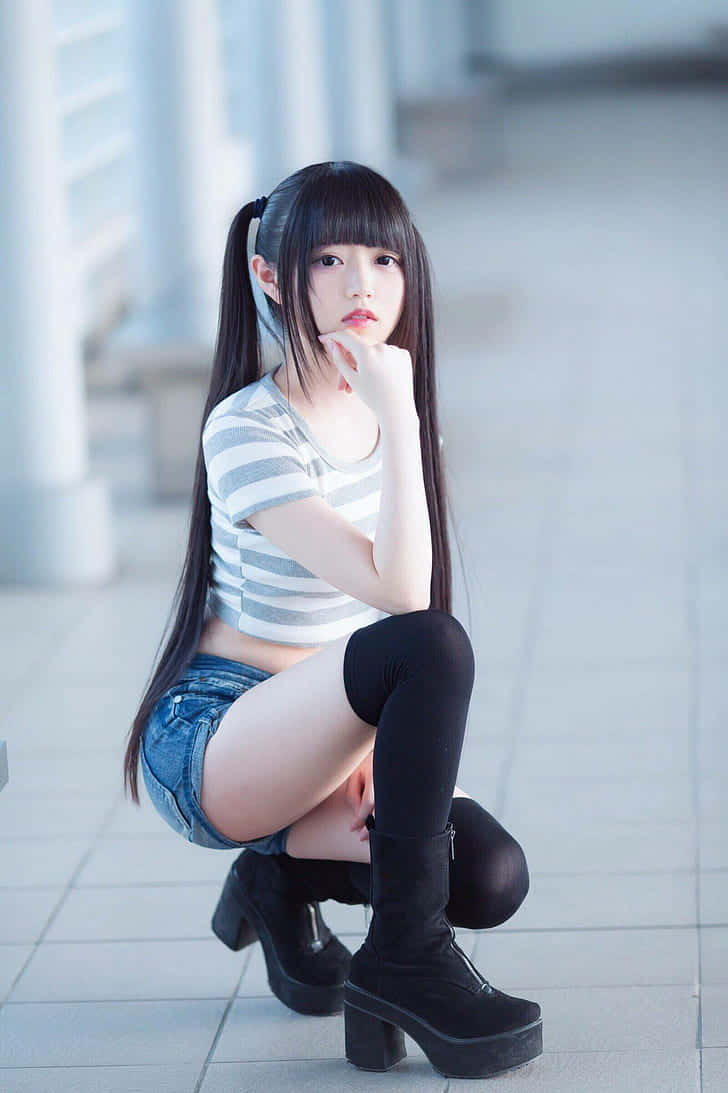 Petite 桌布 壁紙 — 一位年輕女性留著深色長髮紮成雙辮，穿著條紋上衣、牛仔短褲和黑色過膝靴，若有所思地蹲在瓷磚地板上。
