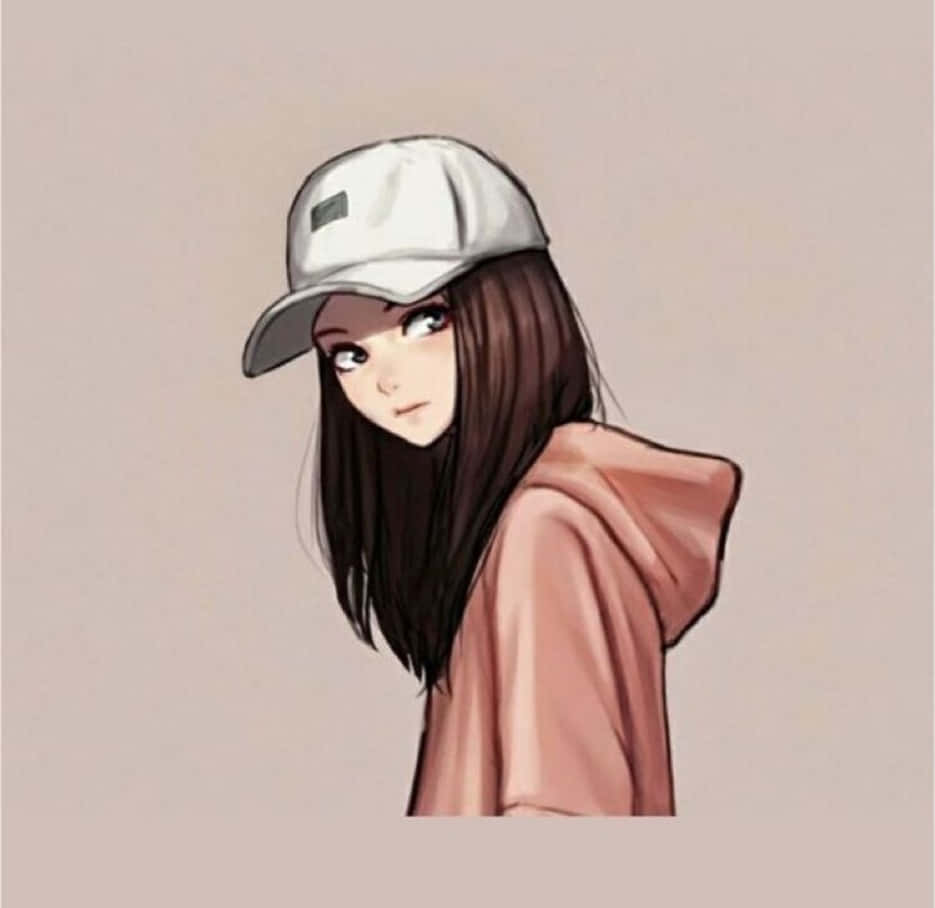 美學個人檔案 桌布 壁紙 — 一位年輕女性留著長長的黑髮，戴著白色帽子，穿著粉紅色連帽衫，在柔和的光線下回頭凝視。
