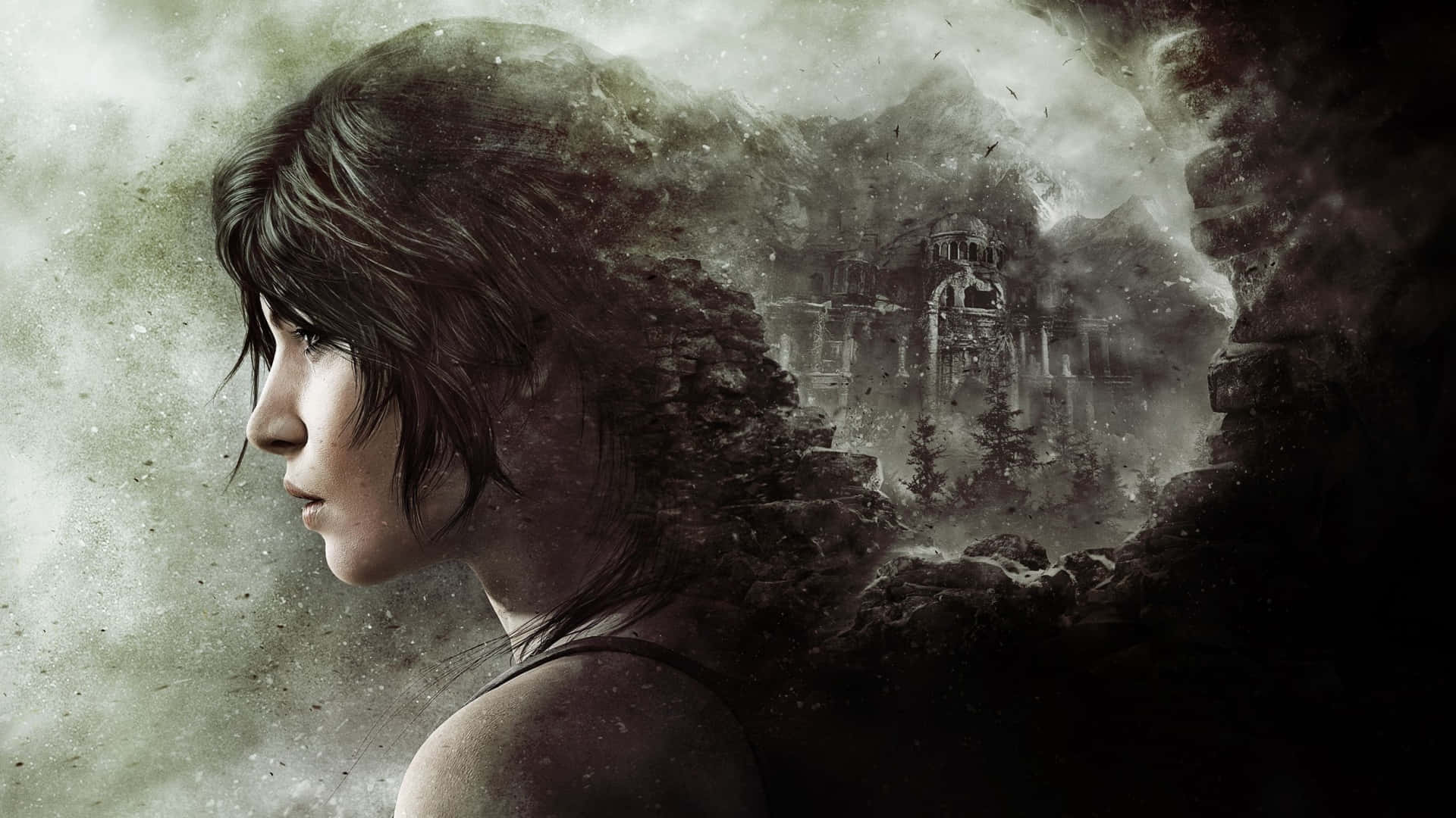 Lara Croft 桌布 壁紙 — 一位年輕女性的側面凝視前方，古老的廢墟從她身後旋轉的迷霧中浮現。