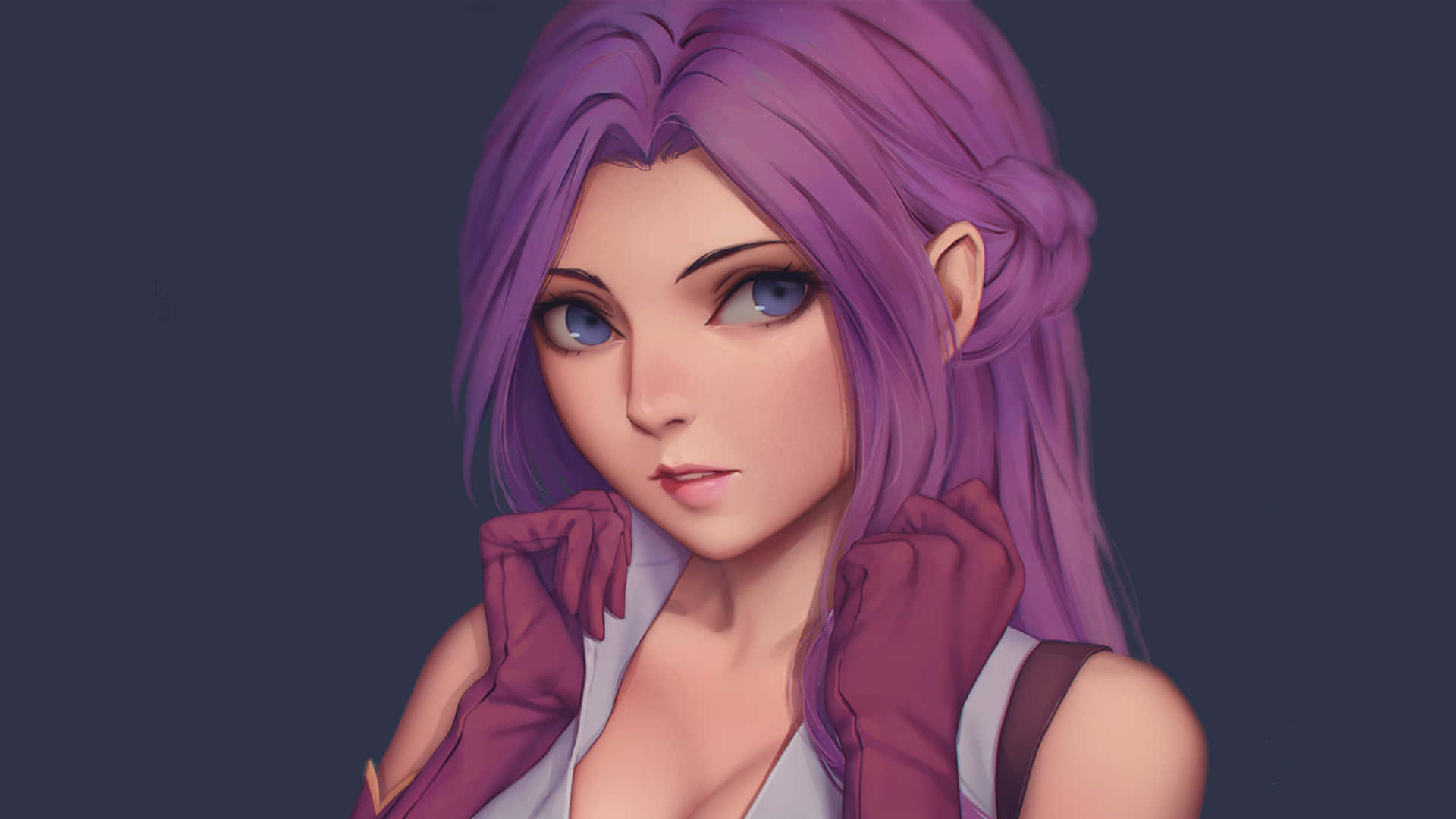 Cornelia Li Britannia 桌布 壁紙 — 一位年輕女性的數位肖像，擁有鮮豔的紫色頭髮和藍色眼睛，戴著紅色手套，穿著白色上衣，背景為深色。