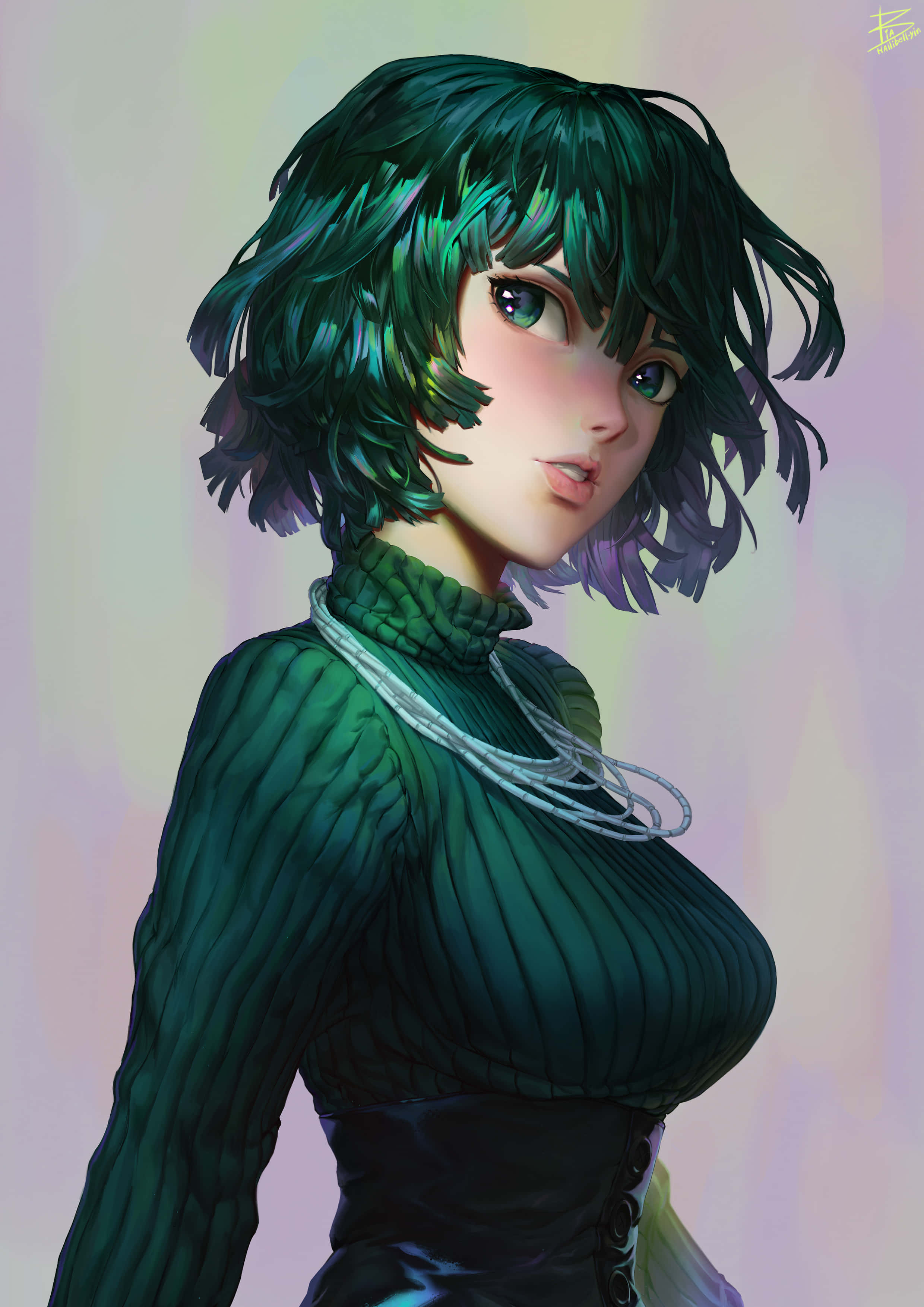 Fubuki 桌布 壁紙 — 一位年輕女性的數位肖像，擁有鮮豔的綠色頭髮和相配的羅紋上衣，背景是柔和的粉彩漸變色。