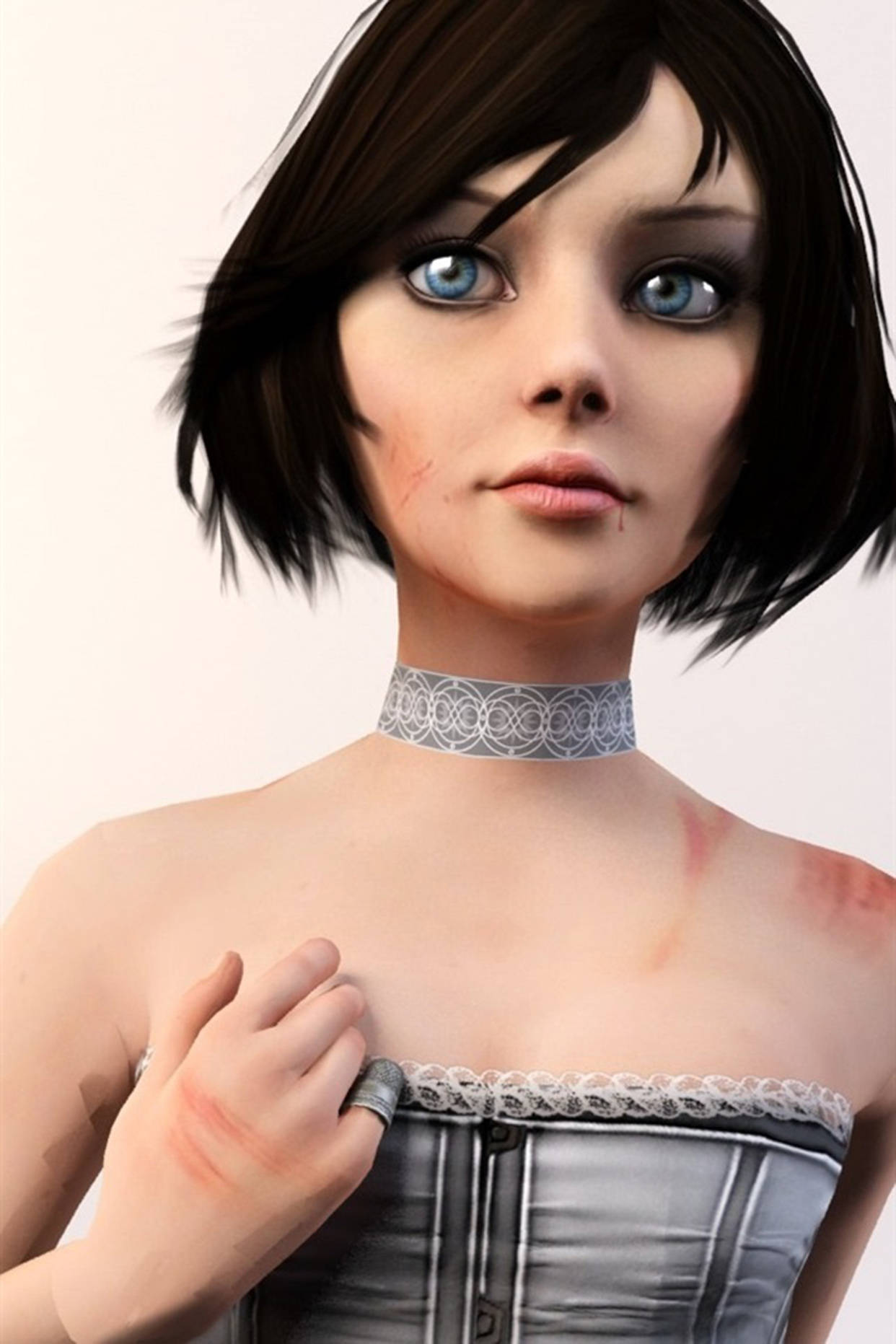 Bioshock Infinite iPhone 桌布 壁紙 — 一位年輕女性的數位肖像，短黑髮，引人注目的藍眼睛，穿著蕾絲邊緊身胸衣和頸鍊，頸部和肩部有可見的紅色抓痕。