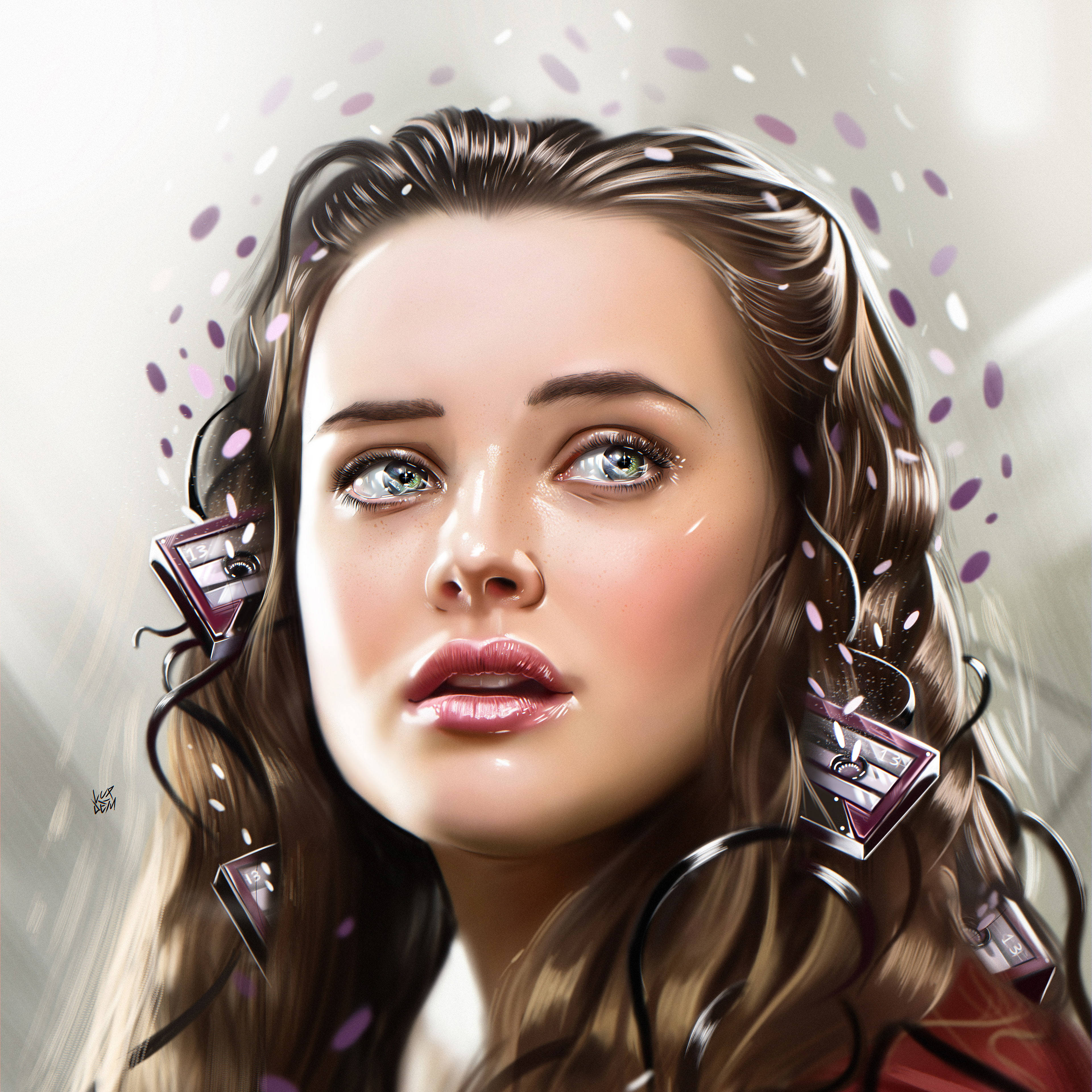 Katherine Langford 桌布 壁紙 — 一位年輕女性的數位藝術肖像，眼睛發光，紫色紙屑在她頭頂旋轉。