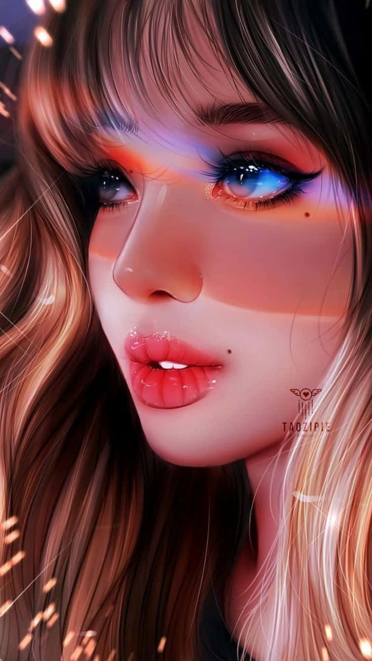 動漫藝術GIF 桌布 壁紙 — 一位年輕女性的特寫，她擁有發光的藍色眼睛和頭髮中熾熱的橙色光條。