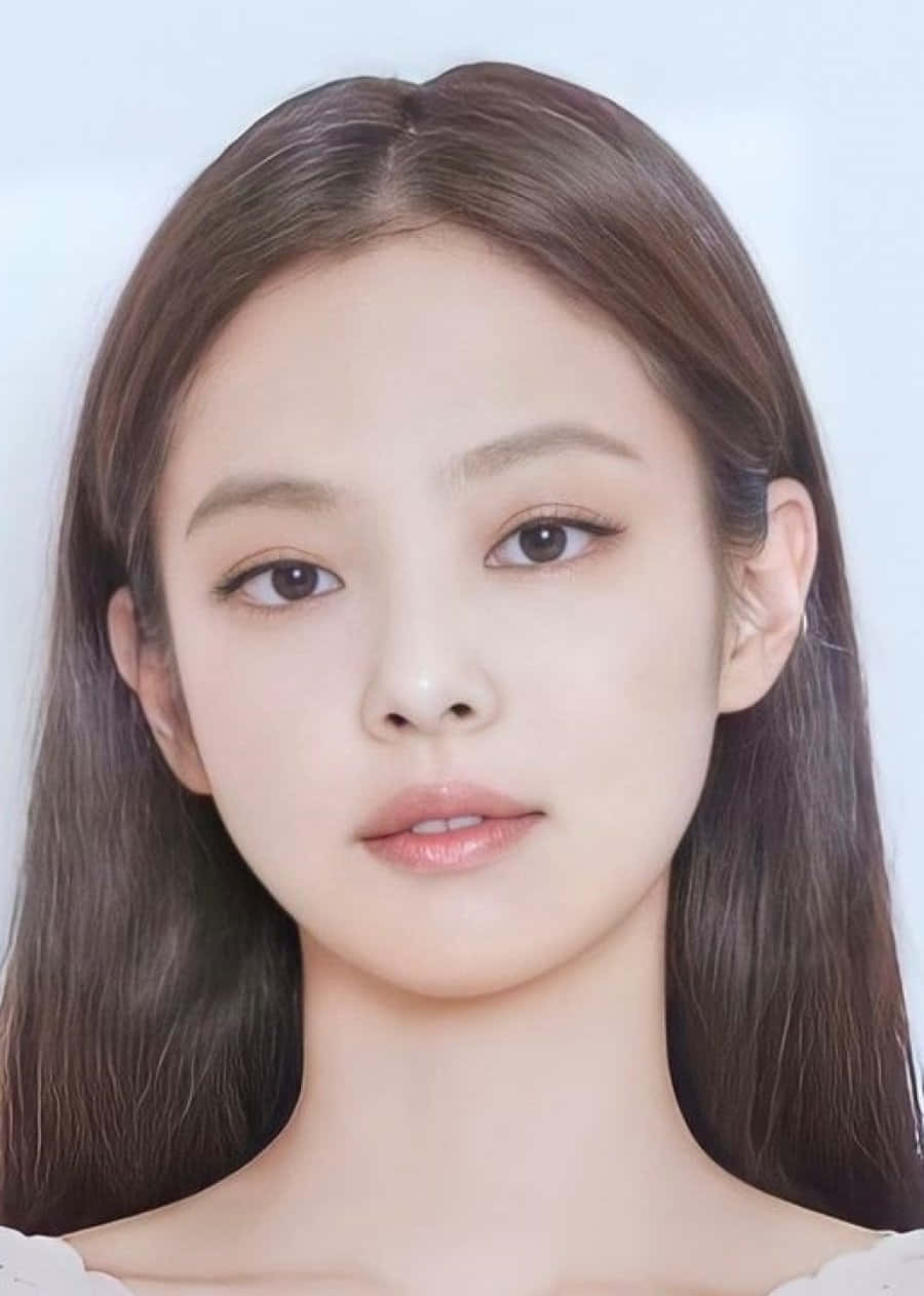 BLACKPINK 桌布 壁紙 — 一位年輕女性的特寫肖像，長長的棕色頭髮和柔和的妝容，背景是淡藍色。