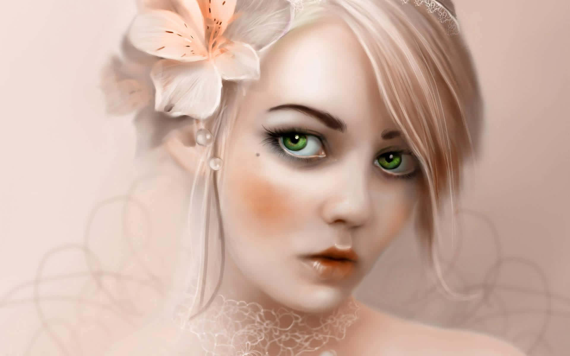 Animated 桌布 壁紙 — 一位年輕女性的精緻數位肖像，擁有引人注目的綠色眼睛，金髮上戴著一朵柔軟的桃花。