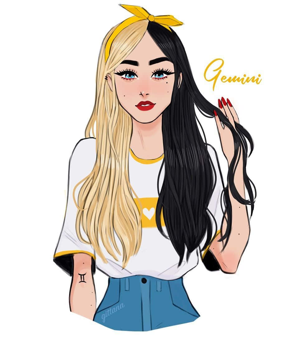 gemini 桌布 壁紙 — 一位年輕女性的風格化插圖，擁有雙色頭髮和黃色蝴蝶結，穿著白色T恤和藍色牛仔褲，旁邊寫著Gemini這個詞。