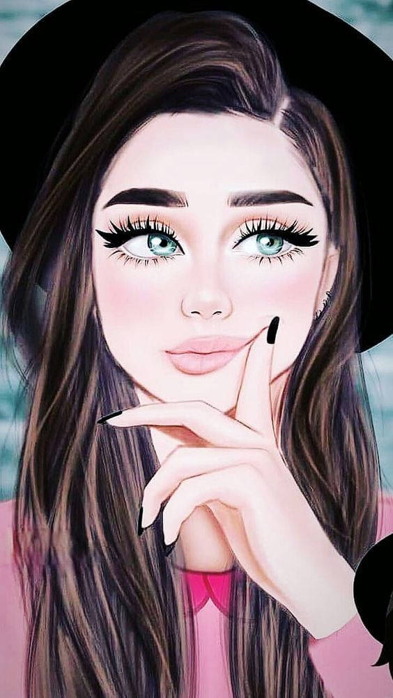 Cool Girl Cartoon 桌布 壁紙 — 一位年輕女性的風格化數位肖像，長長棕色頭髮和引人注目的綠色眼睛，戴著黑色帽子和粉紅色上衣，手指靠近嘴唇擺姿勢。