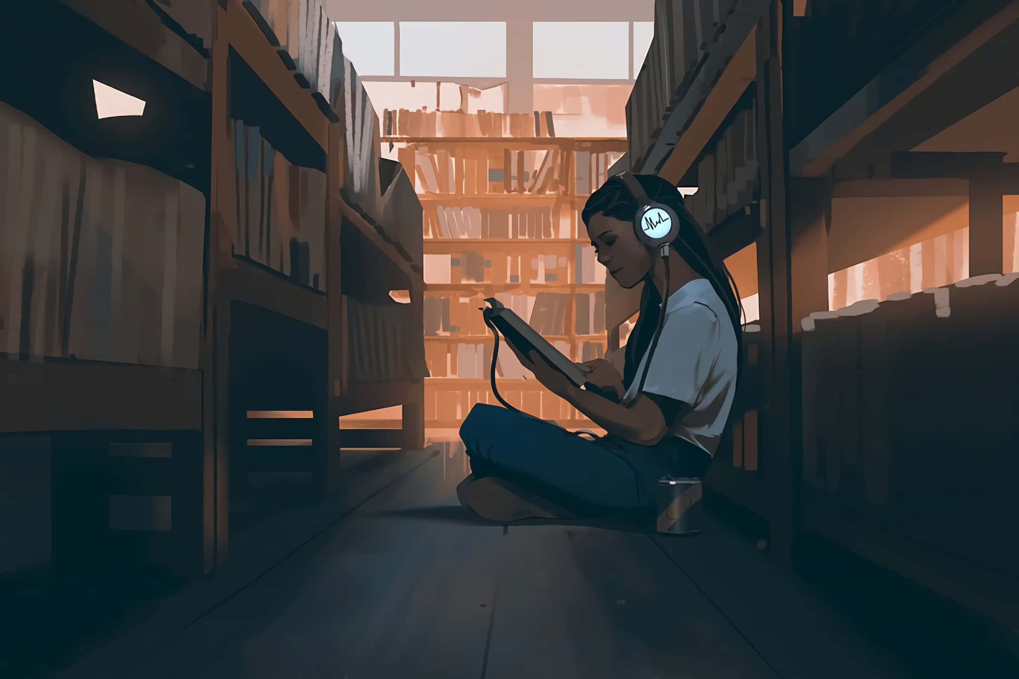 Reading 桌布 壁紙 — 一位年輕女性盤腿坐在陽光普照的圖書館走廊中高聳的書架之間，戴著耳機閱讀一本書。