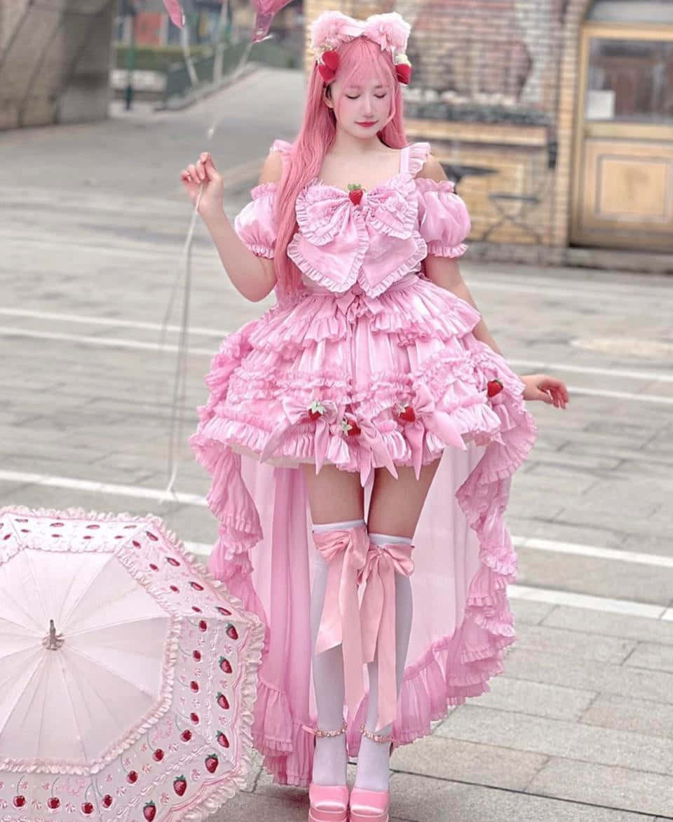 Lolita Fashion 桌布 壁紙 — 一位年輕女性穿著帶有草莓裝飾的寬鬆粉紅色洛麗塔連衣裙，站在鋪砌的街道上，手持相配的陽傘。