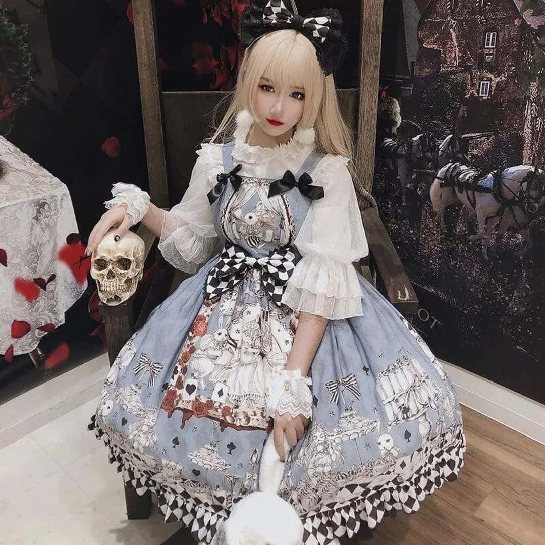 Lolita Fashion 桌布 壁紙 — 一位年輕女性穿著帶有骷髏圖案和格紋點綴的精緻洛麗塔連衣裙，坐在室內手持一個骷髏頭。