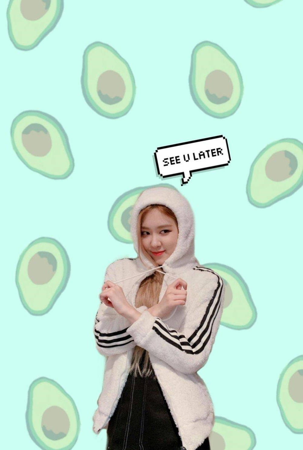 BLACKPINK 桌布 壁紙 — 一位年輕女性穿著毛絨絨的白色連帽衫，在充滿酪梨片和「SEE U LATER」對話氣泡的薄荷綠色背景前微笑。