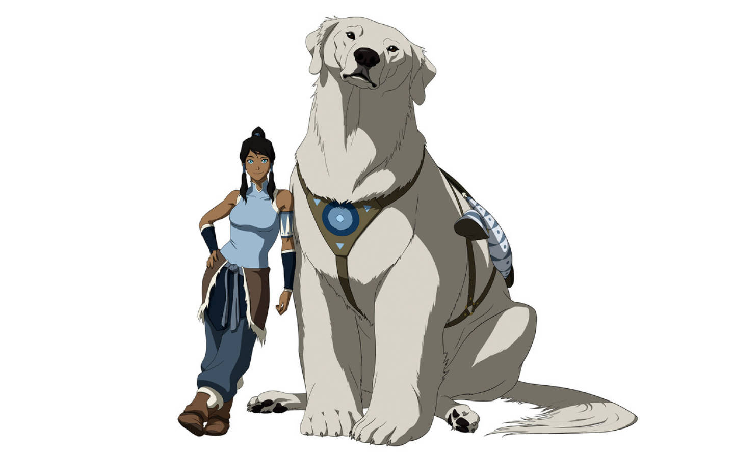 Korra 桌布 壁紙 — 一位年輕女性站在一隻穿著部落裝備的大型白色狗旁邊，背景是純白色。