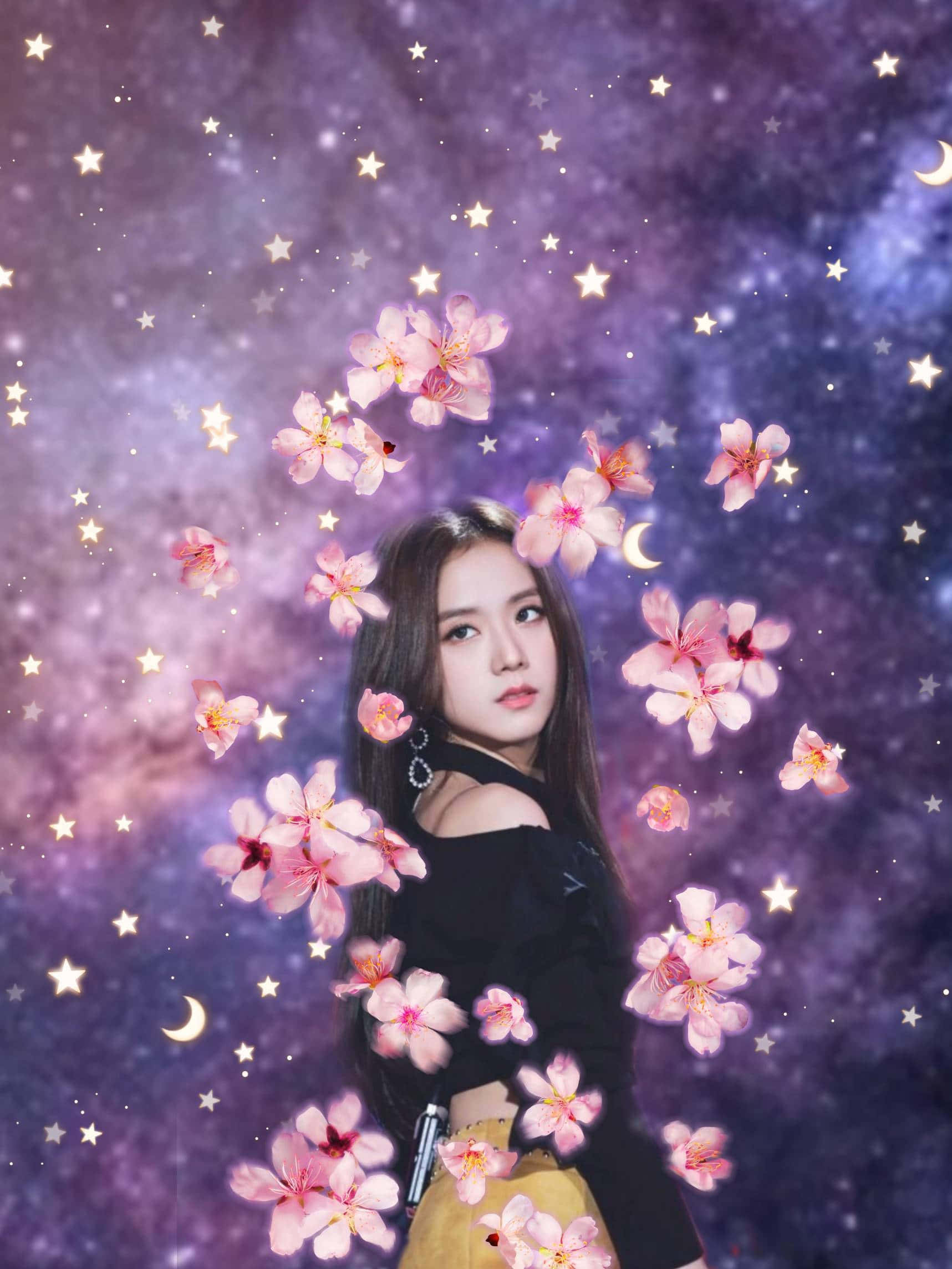 BLACKPINK 桌布 壁紙 — 一位年輕女性站在飄浮的粉紅色櫻花中，背景是繁星點點的紫色銀河與新月。