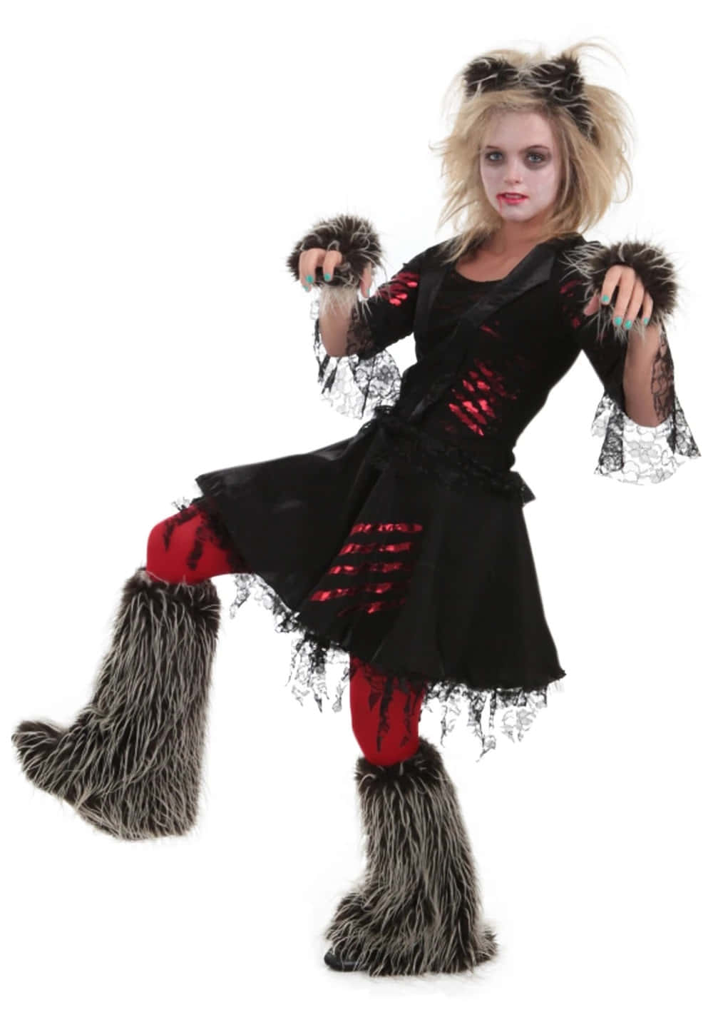 Werewolf Costumes 桌布 壁紙 — 一位年輕女性身穿帶有紅色點綴的黑色毛茸茸服裝，在純白色背景前擺出動感姿勢。