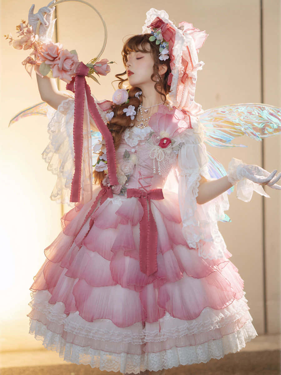 Lolita Fashion 桌布 壁紙 — 一位年輕女性身穿帶有花卉裝飾和半透明翅膀的蓬鬆粉白蘿莉塔連衣裙，在室內優雅地擺姿勢。