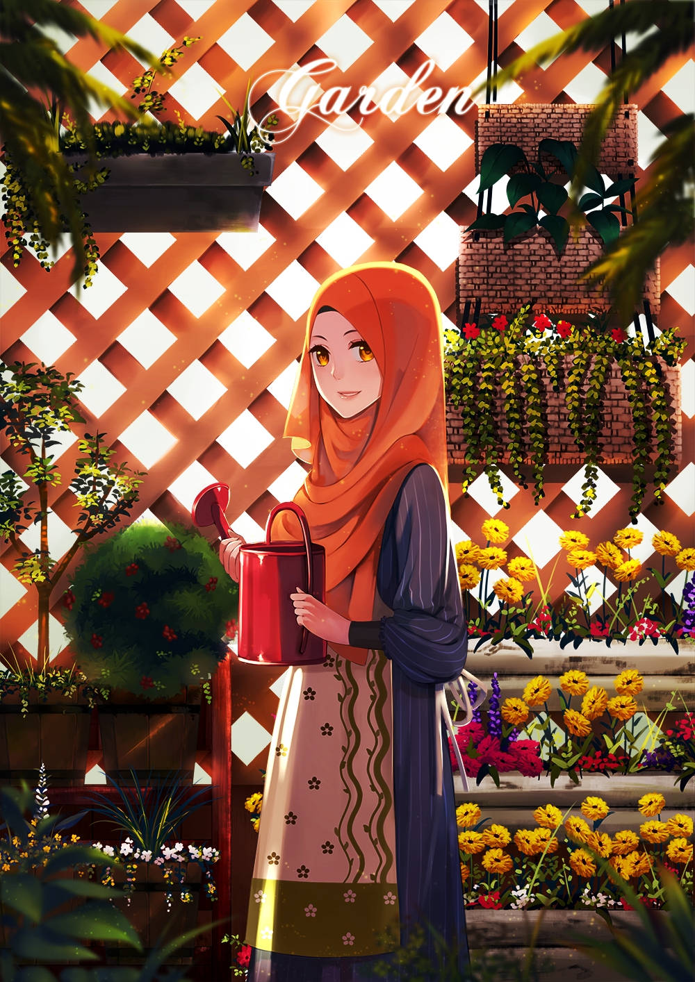 anime hijab 桌布 壁紙 — 一位年輕女性身穿橙色頭巾，在溫暖金色光線下，於充滿黃色和紅色花朵的活力花園中手持紅色澆水壺。