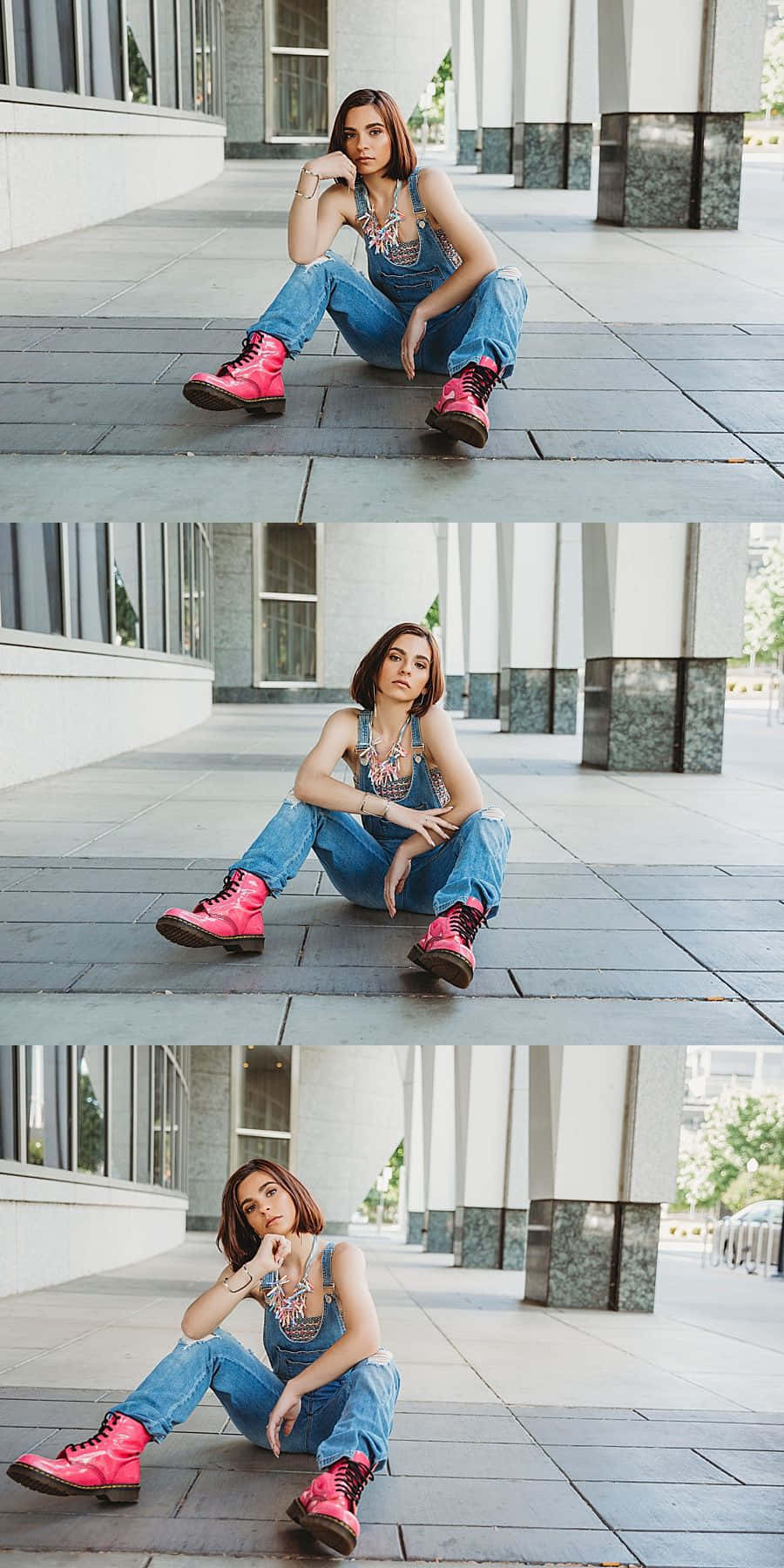Woman Beautiful 桌布 壁紙 — 一位年輕女性身穿牛仔吊帶褲和亮粉紅色靴子，在日光下的現代瓷磚廣場上自信地擺姿勢。