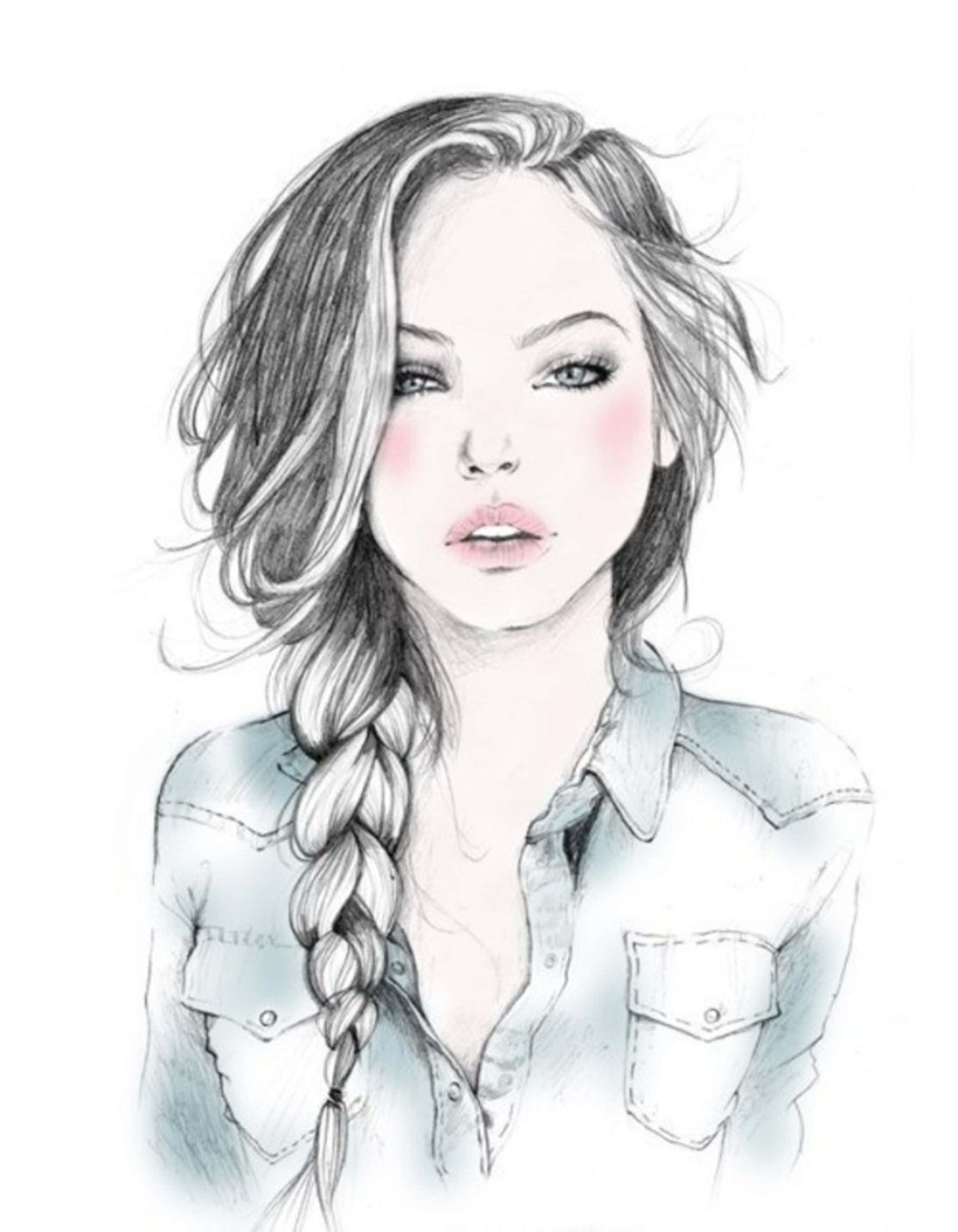 Pencil Drawing 桌布 壁紙 — 一位年輕女性長辮子、臉頰淡淡紅暈，穿著牛仔襯衫，背景簡潔的細緻鉛筆素描。