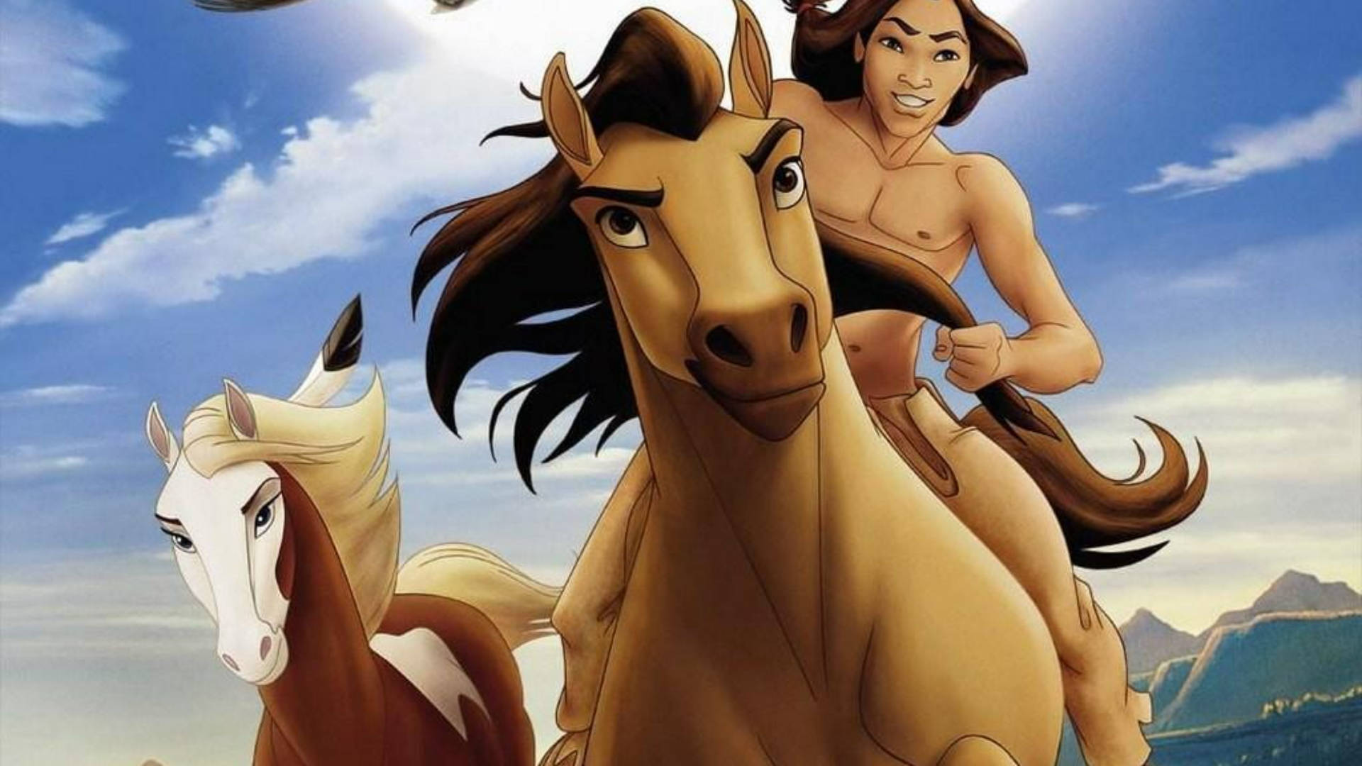 動物 桌布 壁紙 — 一位年輕女性騎著一匹棕色馬，旁邊有一匹白馬，在明亮的藍天下，遠處有山巒。