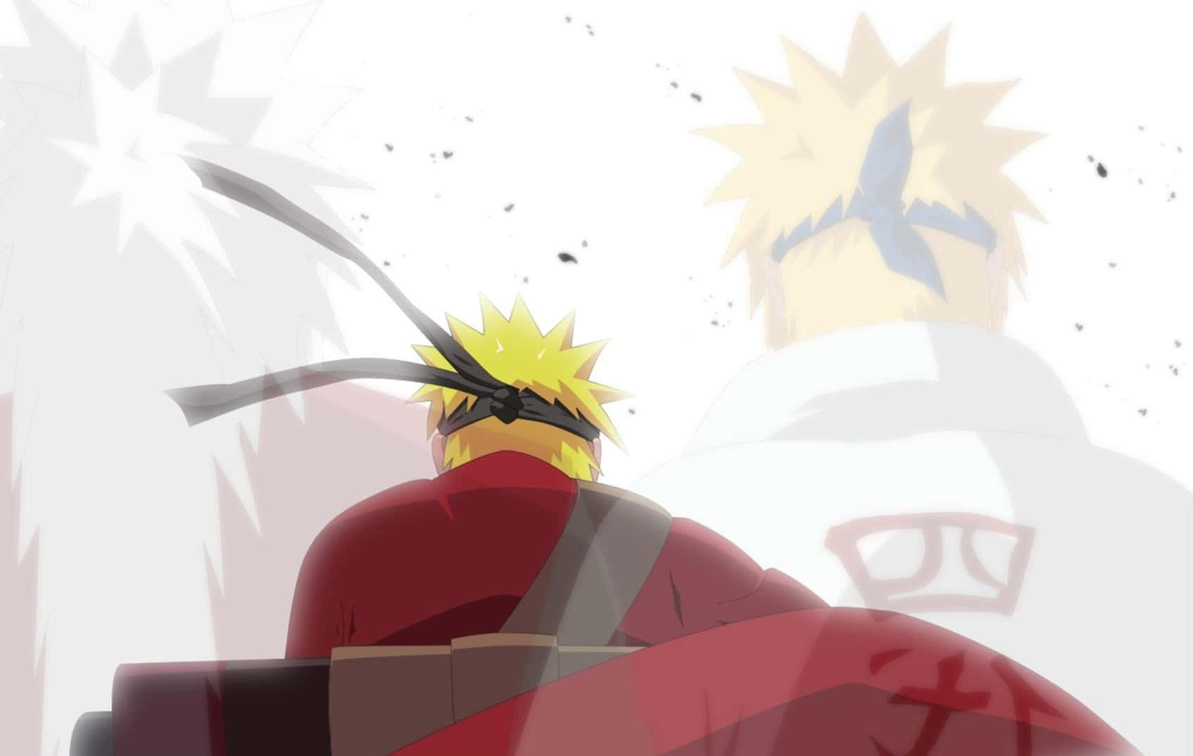 Naruto Sage Mode 桌布 壁紙 — 一位年輕忍者，金色刺蝟頭，身穿紅色斗篷，背光而立，身後浮現出一個幽靈般的自己。