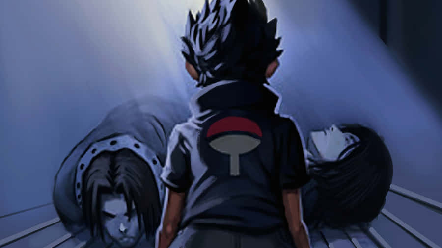 Blue Sasuke 桌布 壁紙 — 一位年輕忍者背光而立，一道光束照亮他，兩位倒下的同伴敗在金屬地板上。