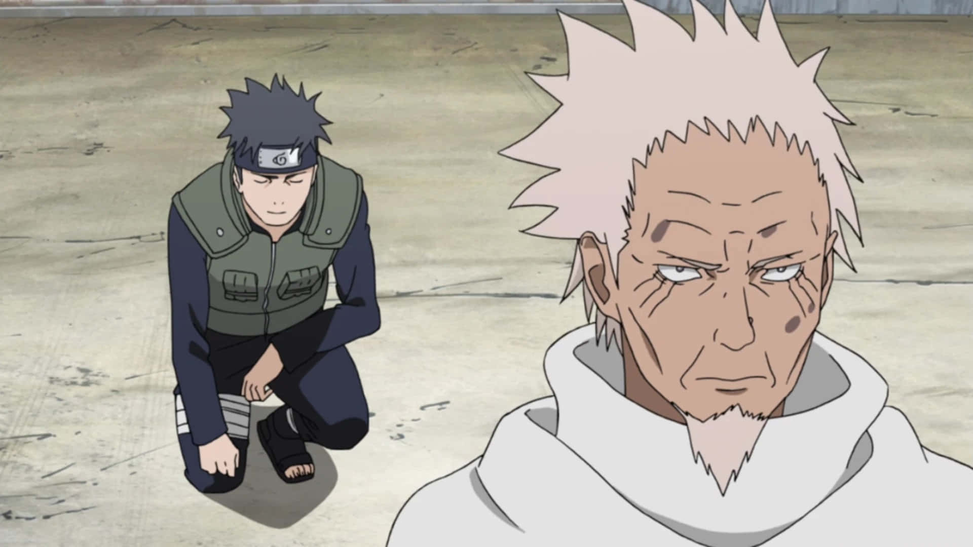 Hiruzen Sarutobi 桌布 壁紙 — 一位年輕忍者跪在一位白髮刺立的年長男子面前，地點是塵土飛揚的訓練場。