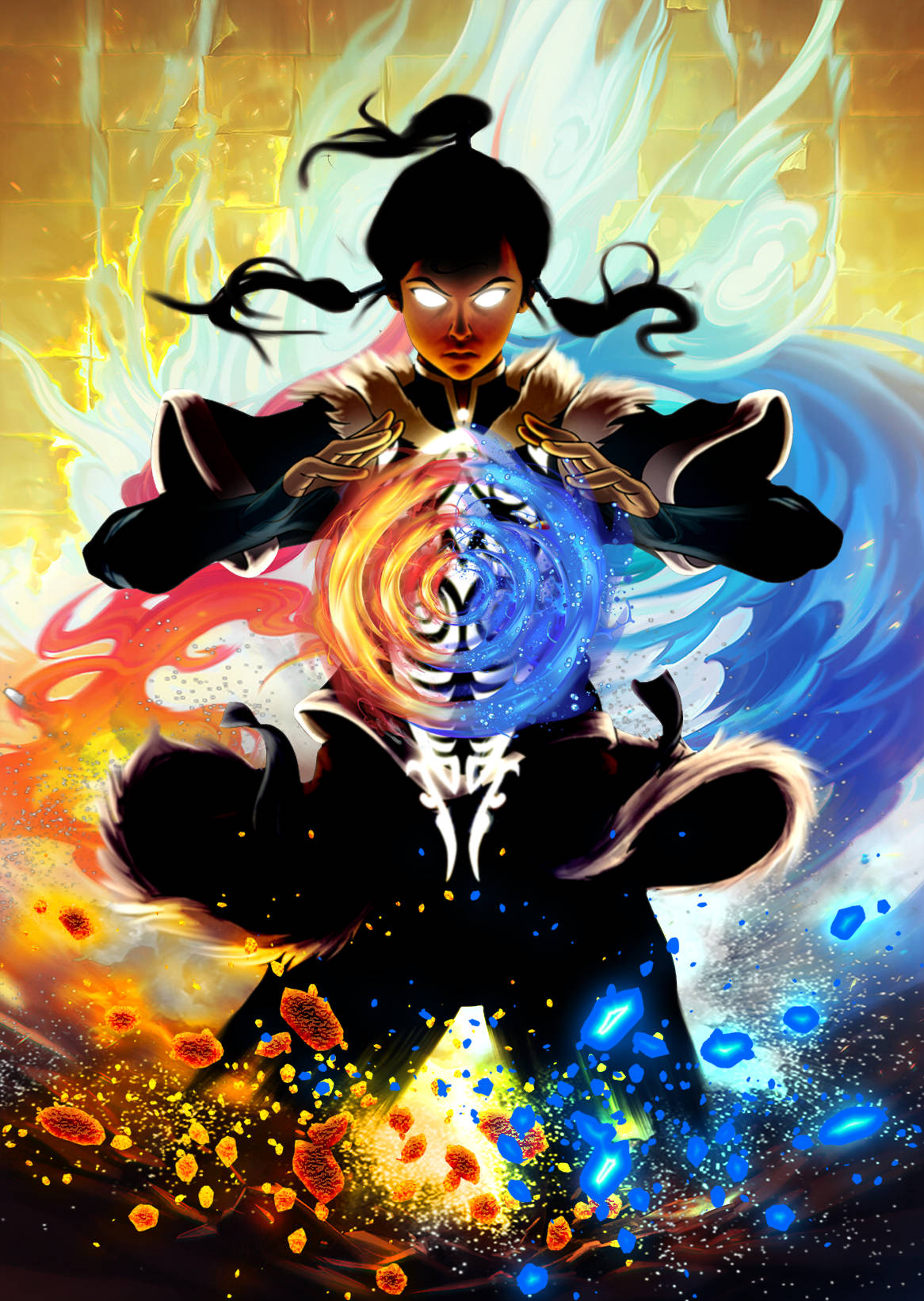 Korra 桌布 壁紙 — 一位年輕戰士在動態的動漫風格戰鬥場景中，引導旋轉的火焰與水元素力量。