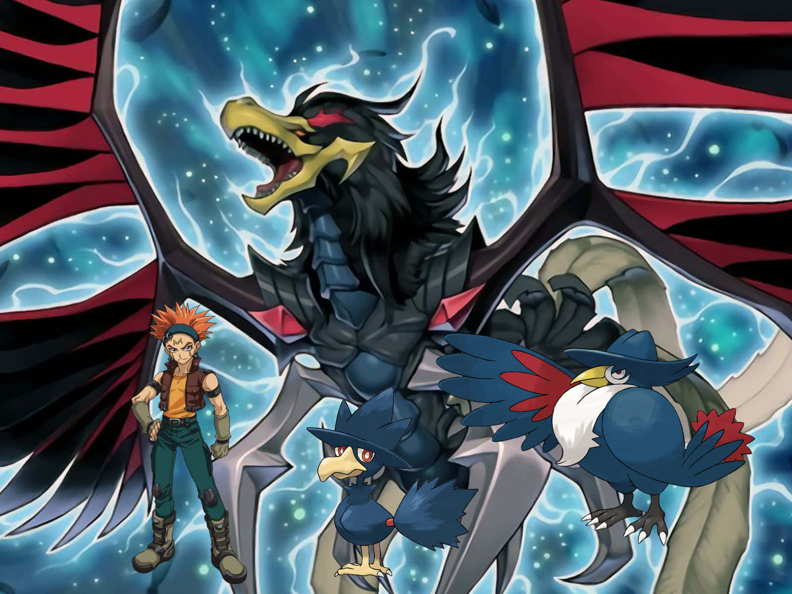 Crow Hogan 桌布 壁紙 — 一位年輕戰士站在兩隻鳥旁邊，面對一隻擁有發光眼睛和閃電翅膀的巨大黑龍。