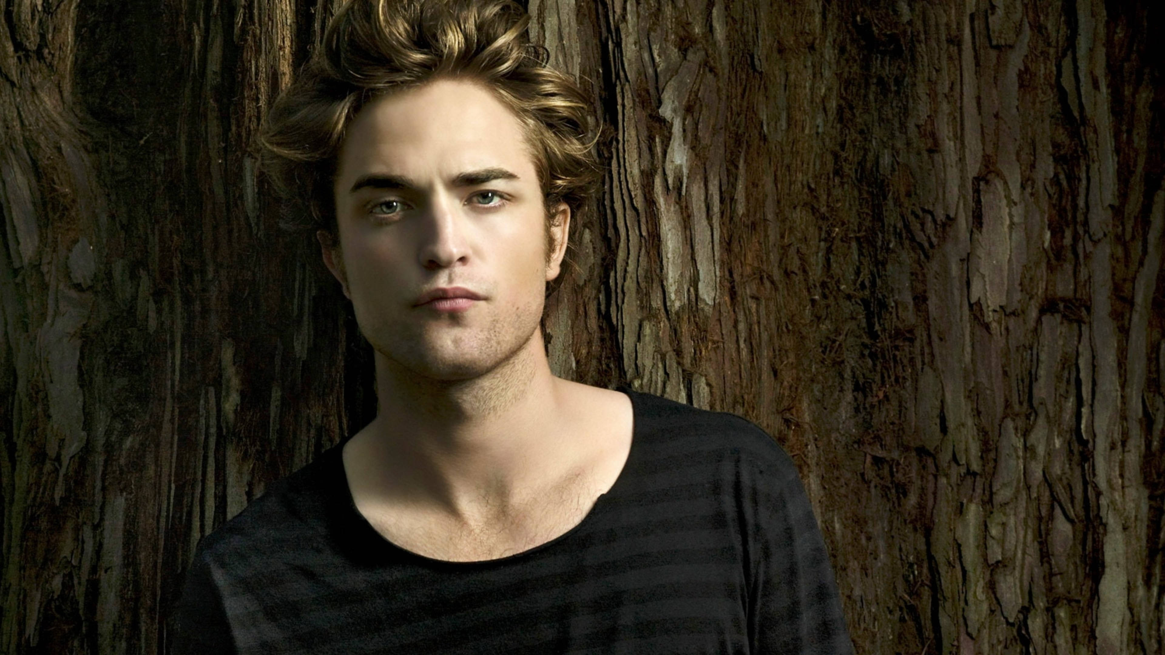 Robert Pattinson 桌布 壁紙 — 一位年輕男子，一頭凌亂的金髮，眼神專注，站在有紋理的樹皮背景前，身穿黑色條紋襯衫。