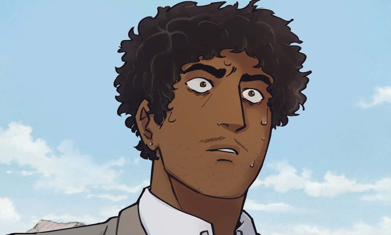 Katsuya Serizawa 桌布 壁紙 — 一位年輕男子，捲髮，表情憂慮，站在明亮的藍天白雲背景下。