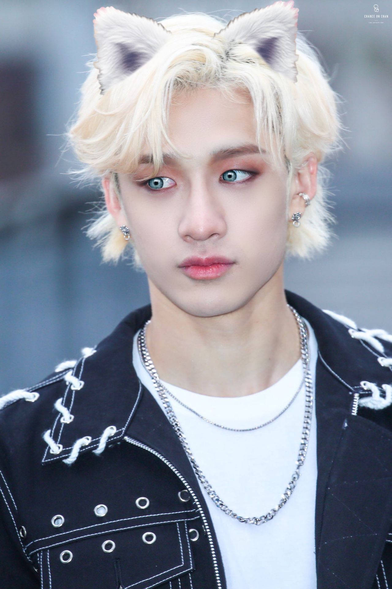 Stray Kids 桌布 壁紙 — 一位年輕男子，擁有鉑金色頭髮和貓耳，穿著帶有白色繫帶和銀鏈的黑色外套，背景是模糊的城市景觀。